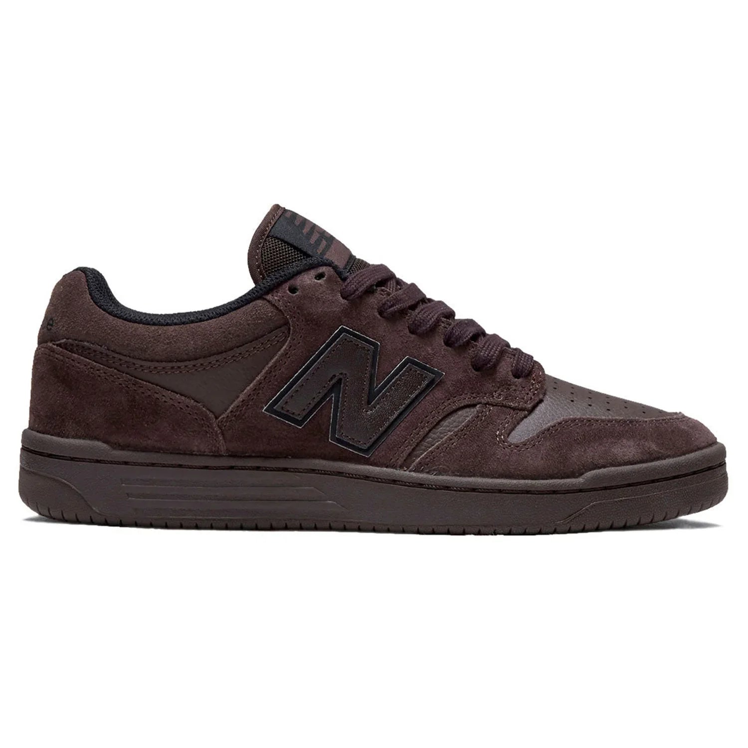 New Balance Numeric 480 skate shoe in Chocolate Brown, outer side profile with suede and leather upper and matching brown cupsole.