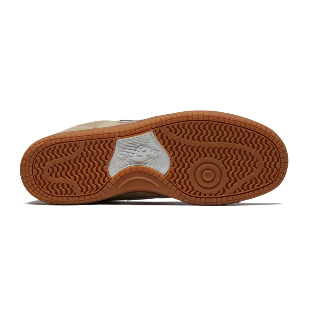 Bottom view of the gum rubber outsole and traction pattern on the New Balance Numeric 480 skate shoe.