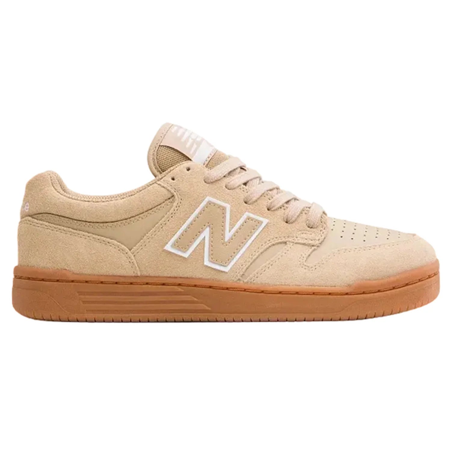 New Balance Numeric 480 skate shoe in Incense and White, outer side profile with suede and mesh upper, white N logo and gum cupsole.