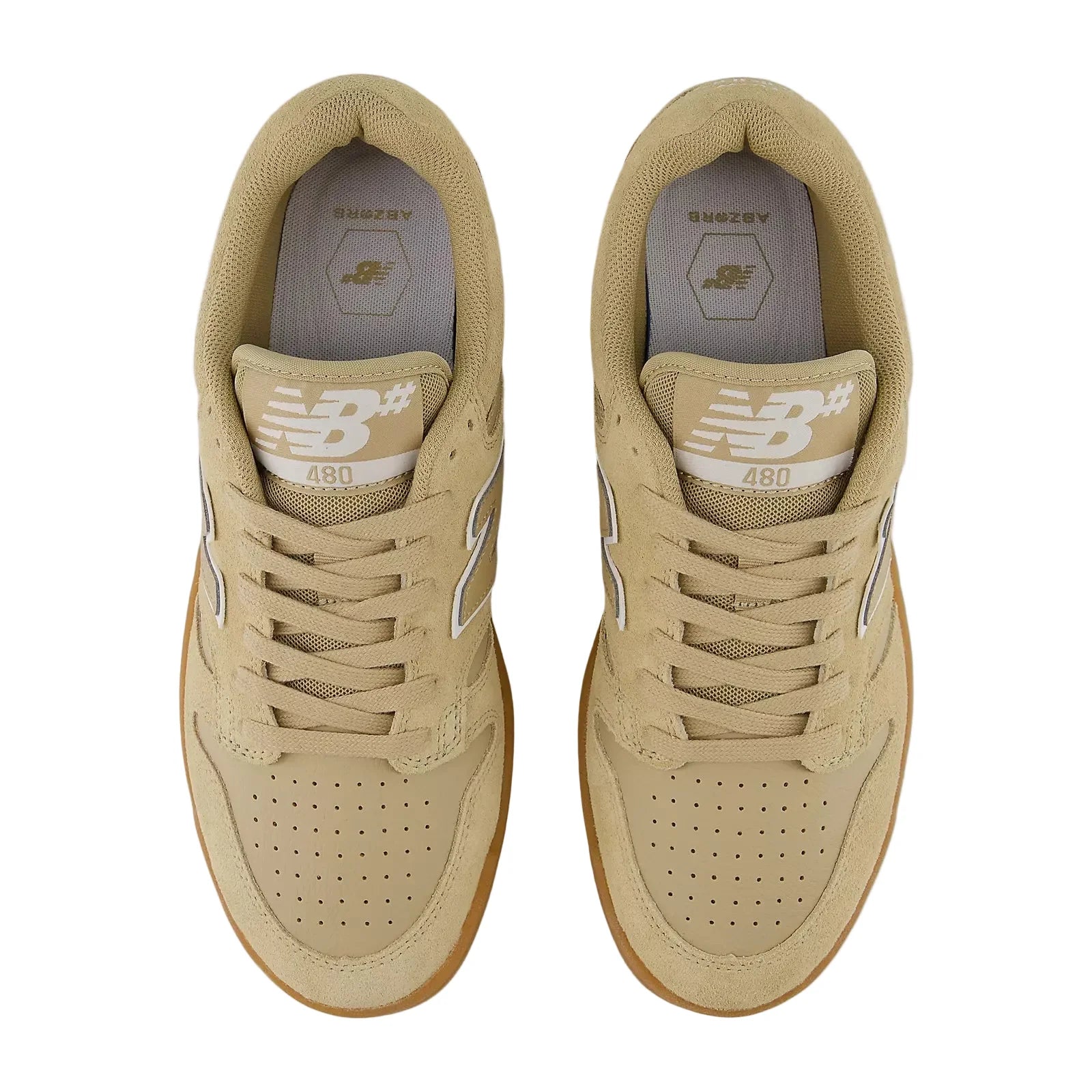 Top view of a pair of New Balance Numeric 480 skate shoes showing tan laces, perforated toe boxes, padded collars and 480 tongue labels.