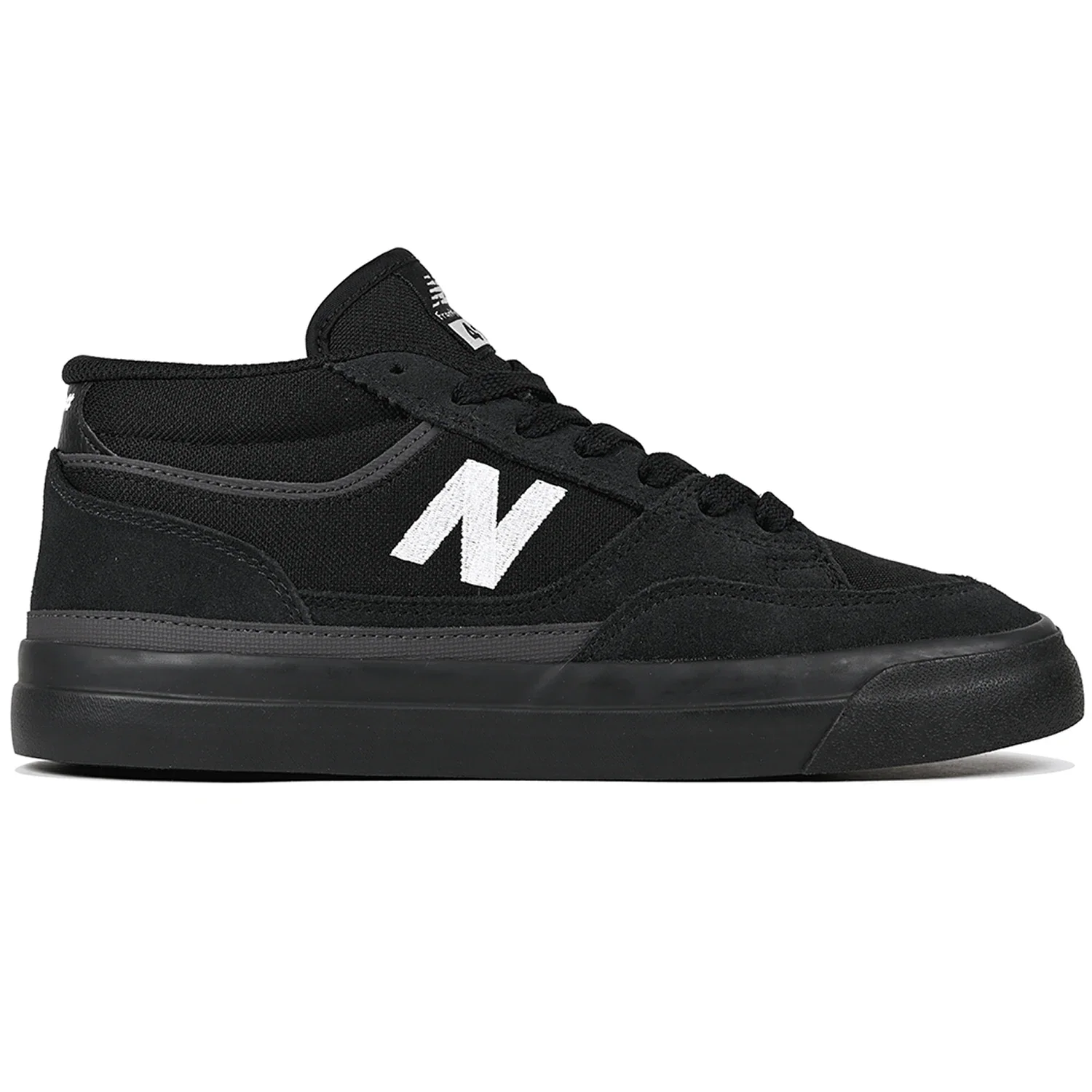 New Balance Numeric Franky Villani 417 skate shoe in black and black, outer side profile with black suede and mesh upper, white N logo and black vulcanized sole.