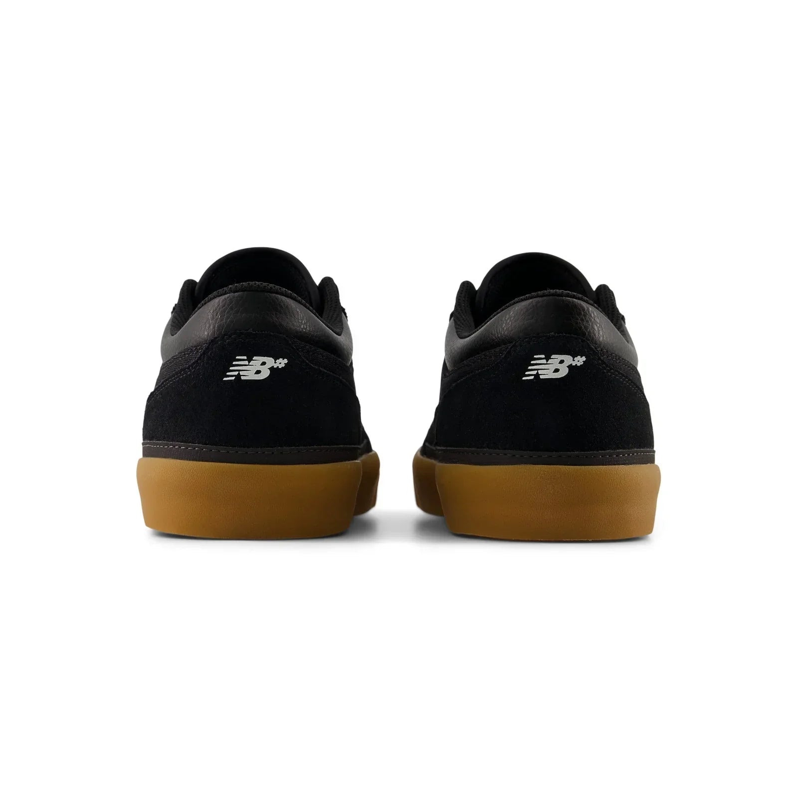 Rear view of a pair of New Balance Numeric Franky Villani 417 Low skate shoes showing NB heel logos and gum midsoles.