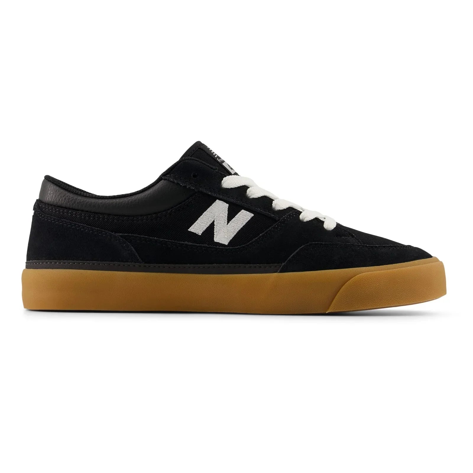 New Balance Numeric Franky Villani 417 Low skate shoe in black, white and gum, outer side profile with suede and canvas upper and gum vulcanized sole.