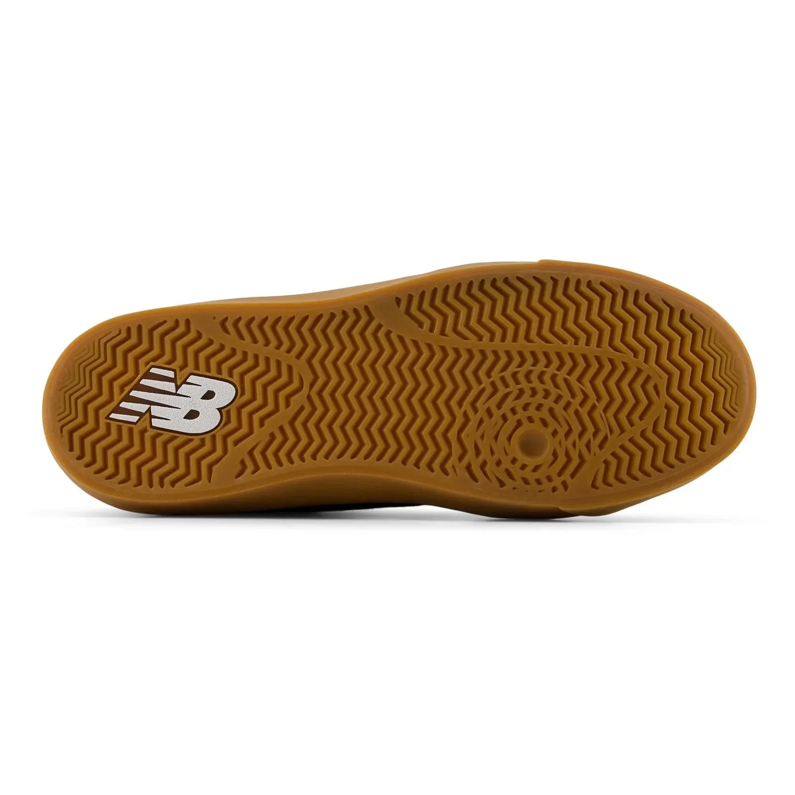Bottom view of the gum NDurance rubber outsole and herringbone tread on the New Balance Numeric Franky Villani 417 Low skate shoe.