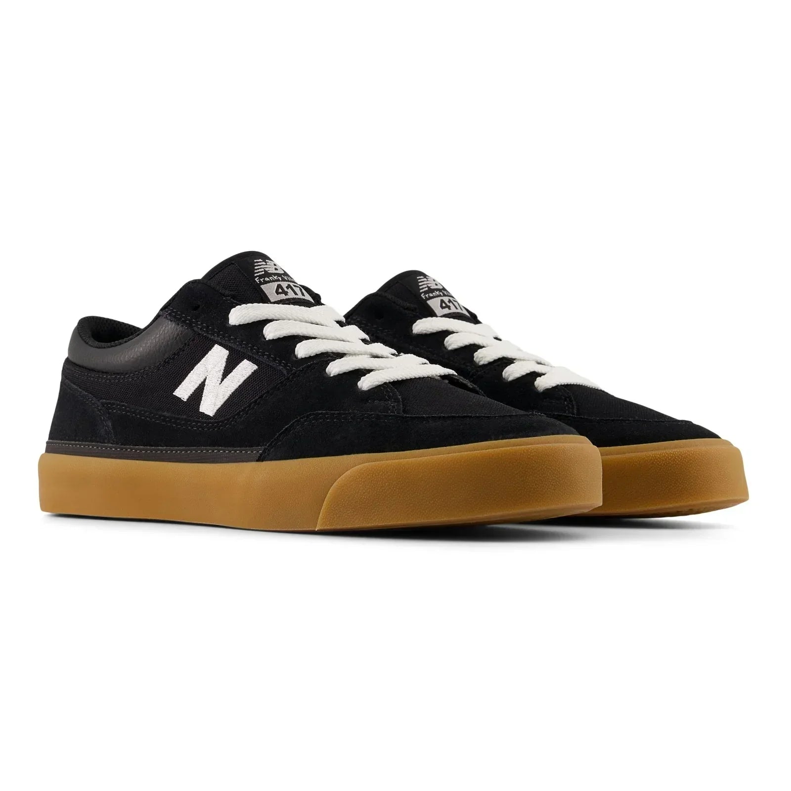 Pair of New Balance Numeric Franky Villani 417 Low skate shoes in black, white and gum shown from a front three-quarter angle.