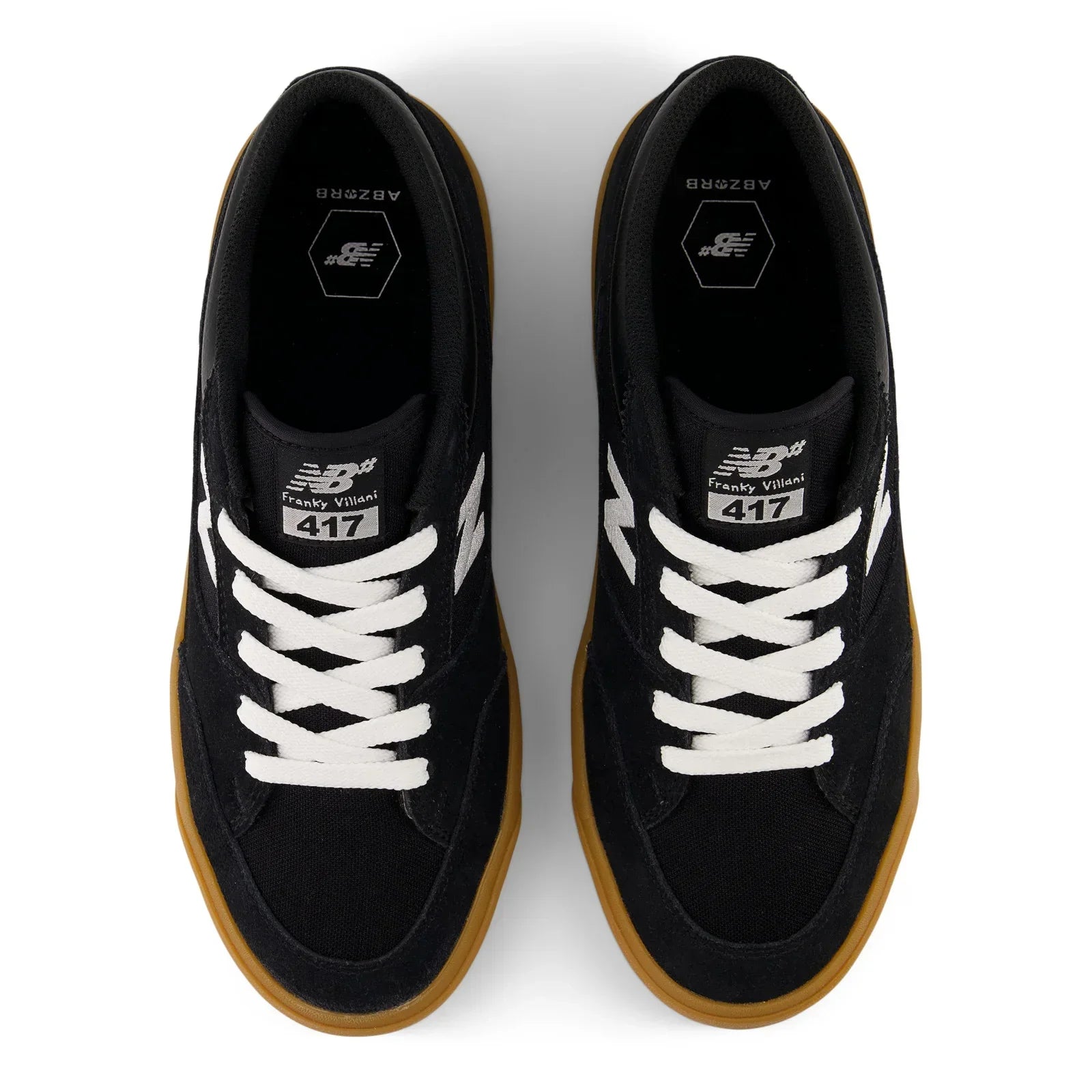 Top view of a pair of New Balance Numeric Franky Villani 417 Low skate shoes showing white laces, 417 tongue labels and black ABZORB insoles.