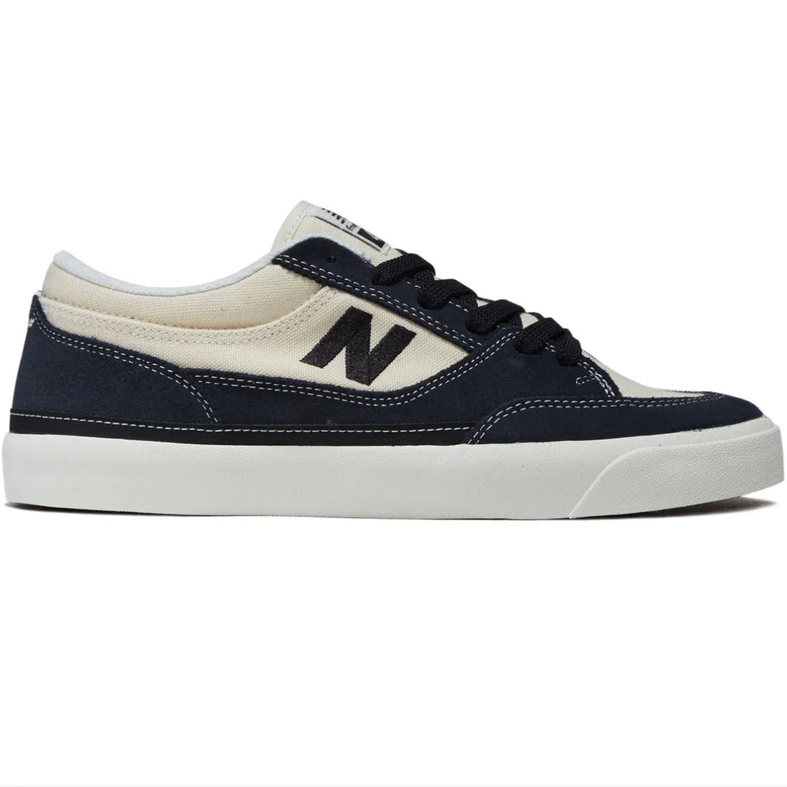 New Balance Numeric Franky Villani 417 Low skate shoe in Eclipse and White, outer side profile with navy suede upper, cream panels, black N logo and white vulcanized sole.