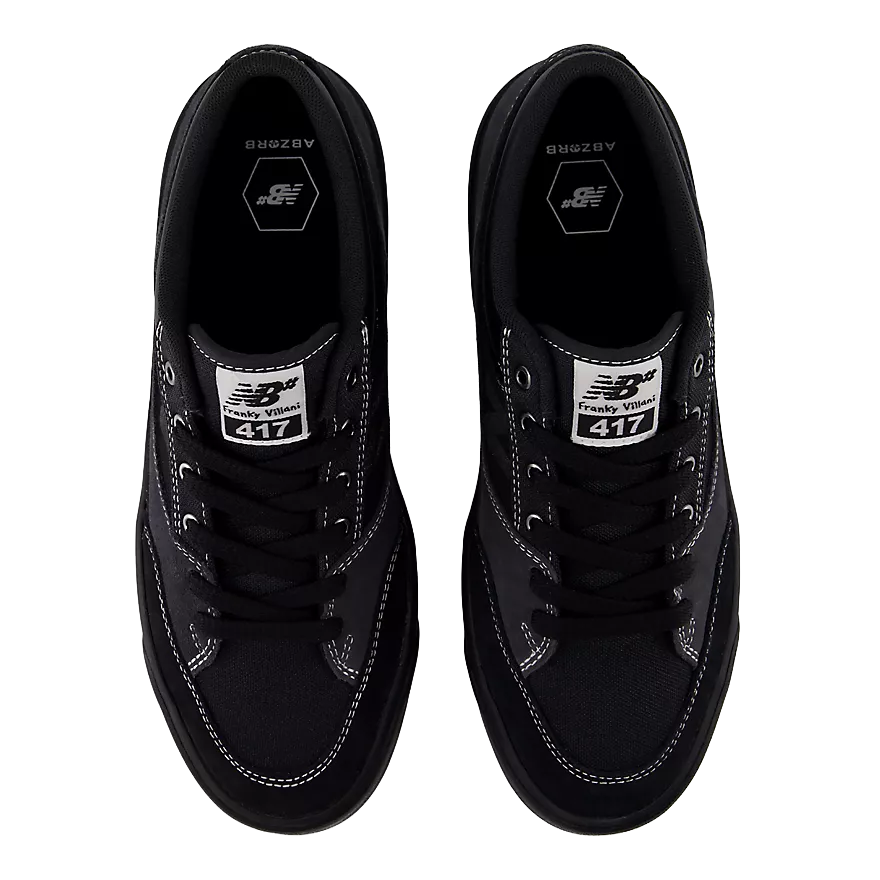Top view of a pair of New Balance Numeric Franky Villani 417 Low skate shoes showing black laces, 417 tongue labels, contrast stitching and ABZORB insoles.