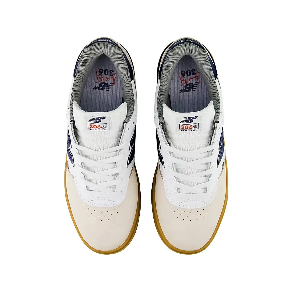 Top view of a pair of New Balance Numeric Jamie Foy 306 Cup skate shoes showing white laces, perforated toe boxes, padded collars and 306 Jamie Foy tongue labels. Milosport