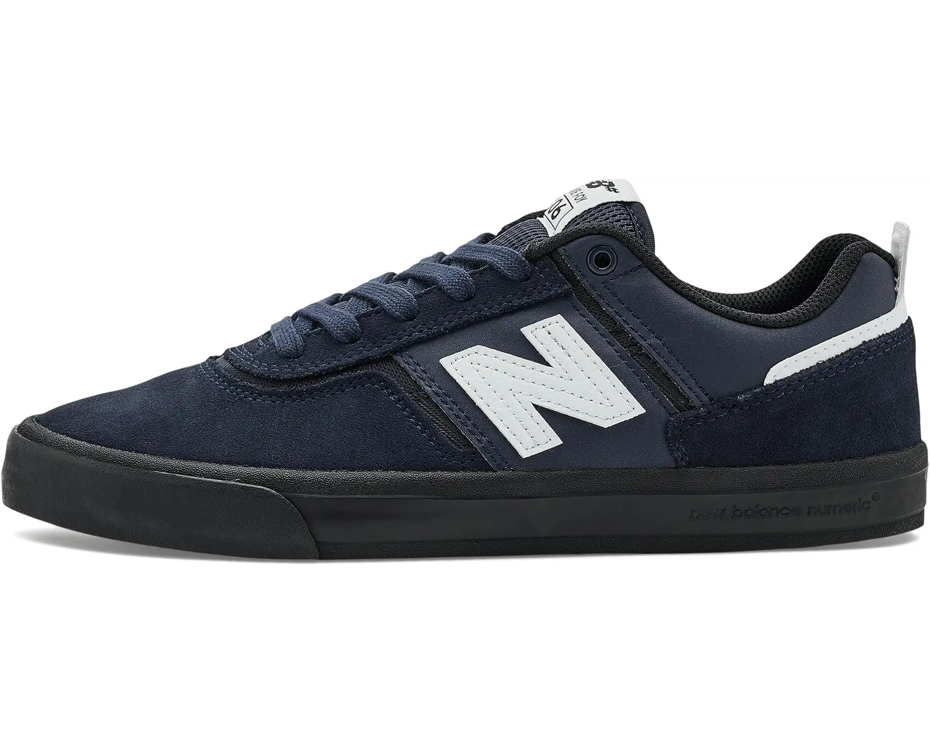 Inner side profile of the New Balance Numeric Jamie Foy 306 skate shoe in Eclipse and White with navy suede upper, white N logo and black vulcanized sole.