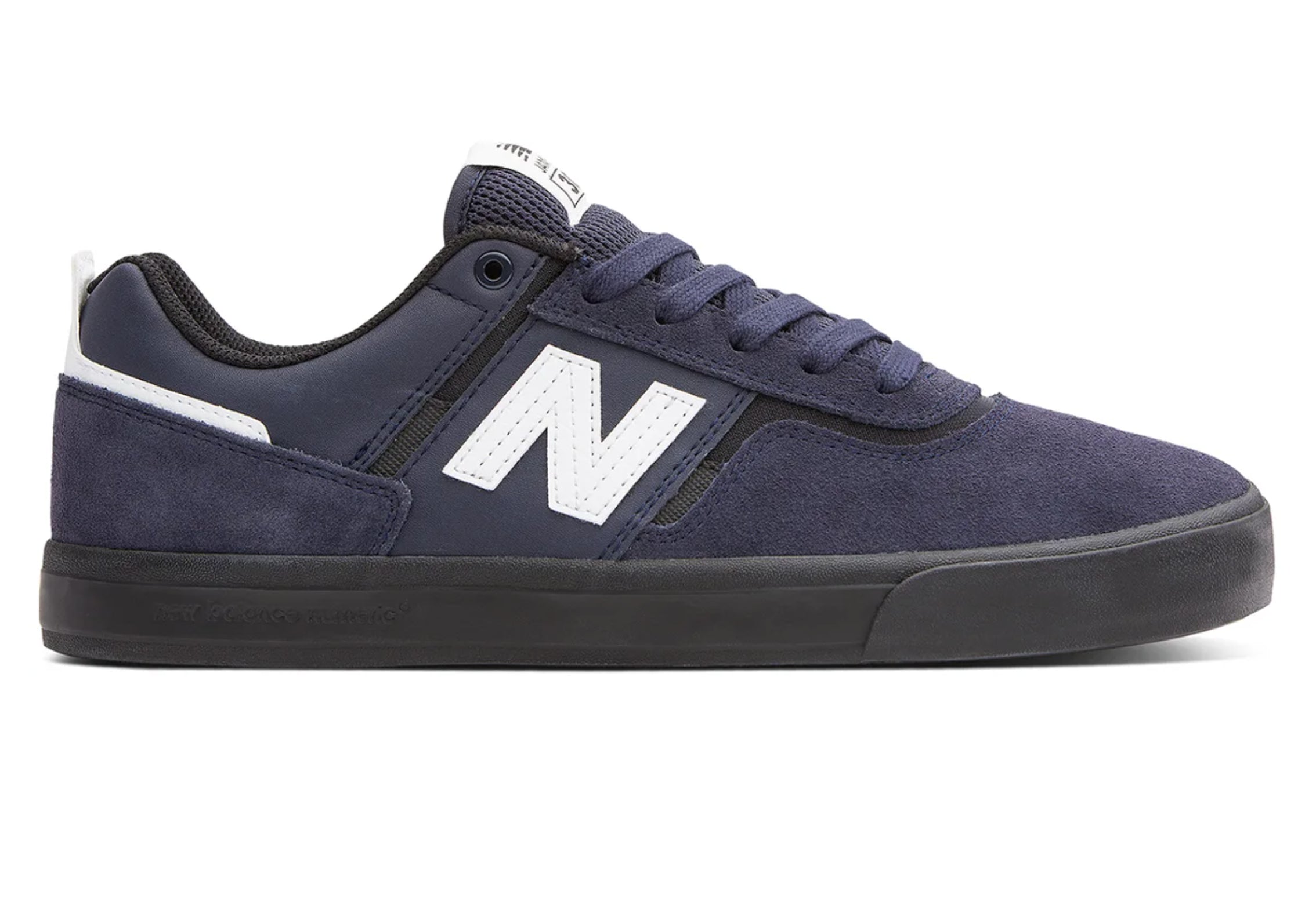 New Balance Numeric Jamie Foy 306 skate shoe in Eclipse and White, outer side profile with navy suede upper, white N logo and black vulcanized sole.