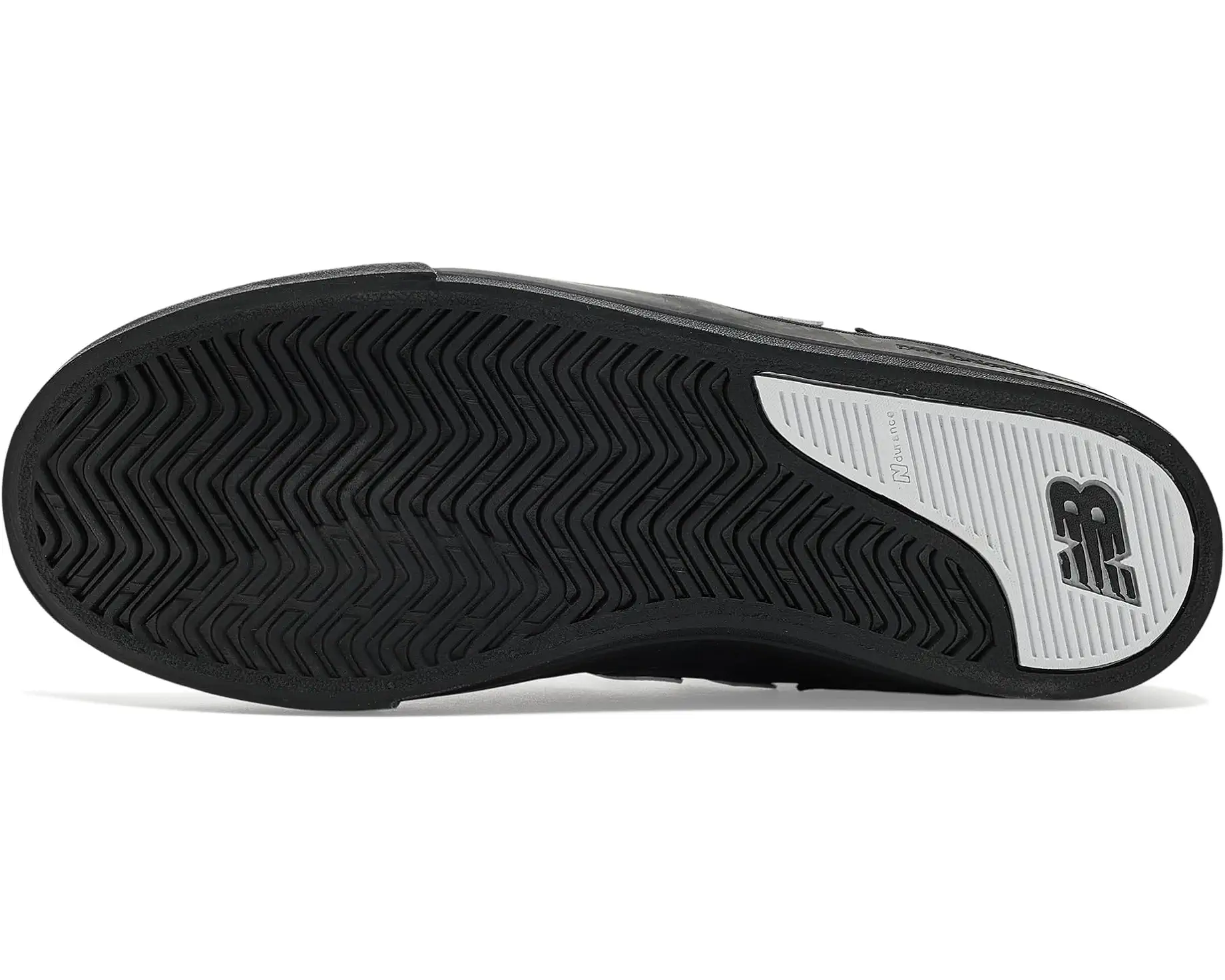 Bottom view of the black rubber outsole and herringbone tread pattern on the New Balance Numeric Jamie Foy 306 skate shoe.