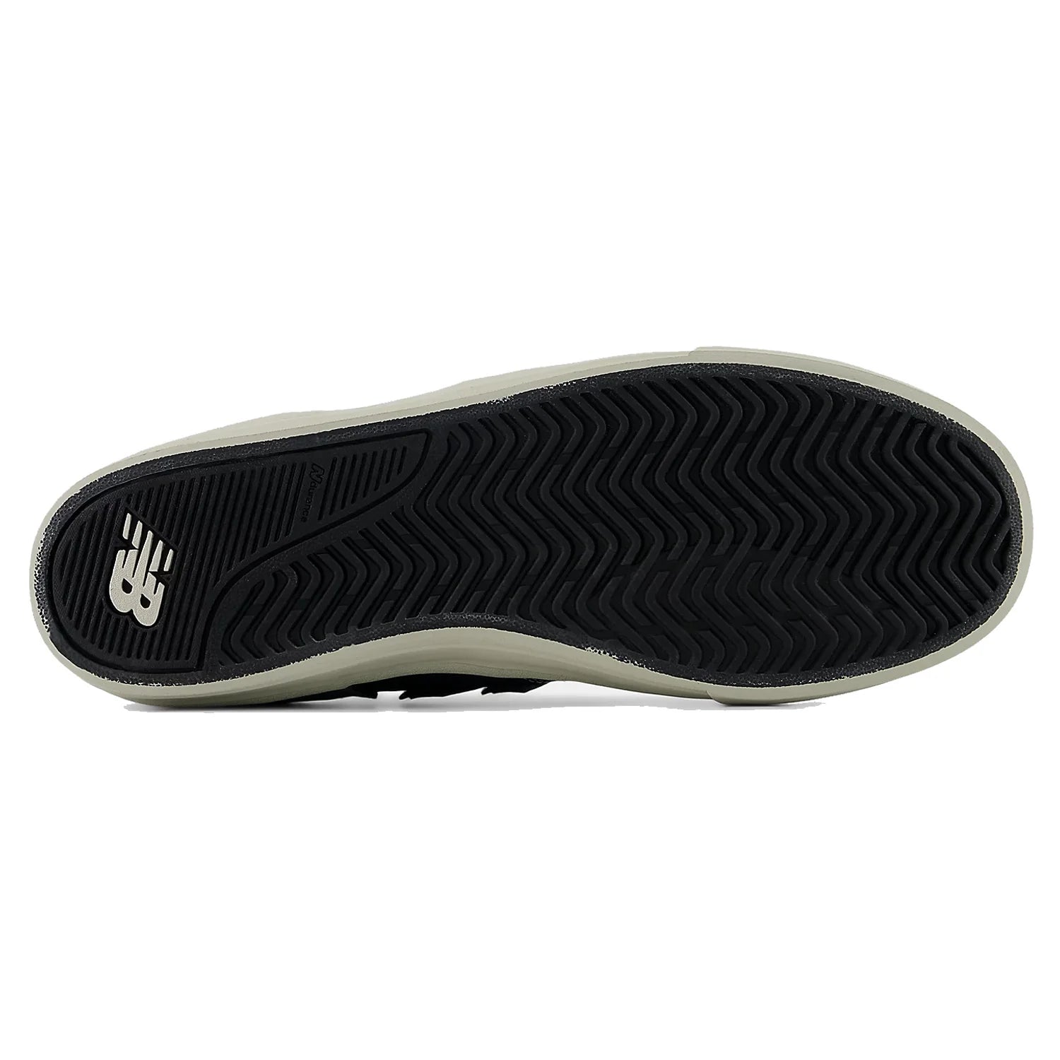 Bottom view of the black rubber outsole and herringbone tread pattern on the New Balance Numeric Jamie Foy 306 skate shoe.