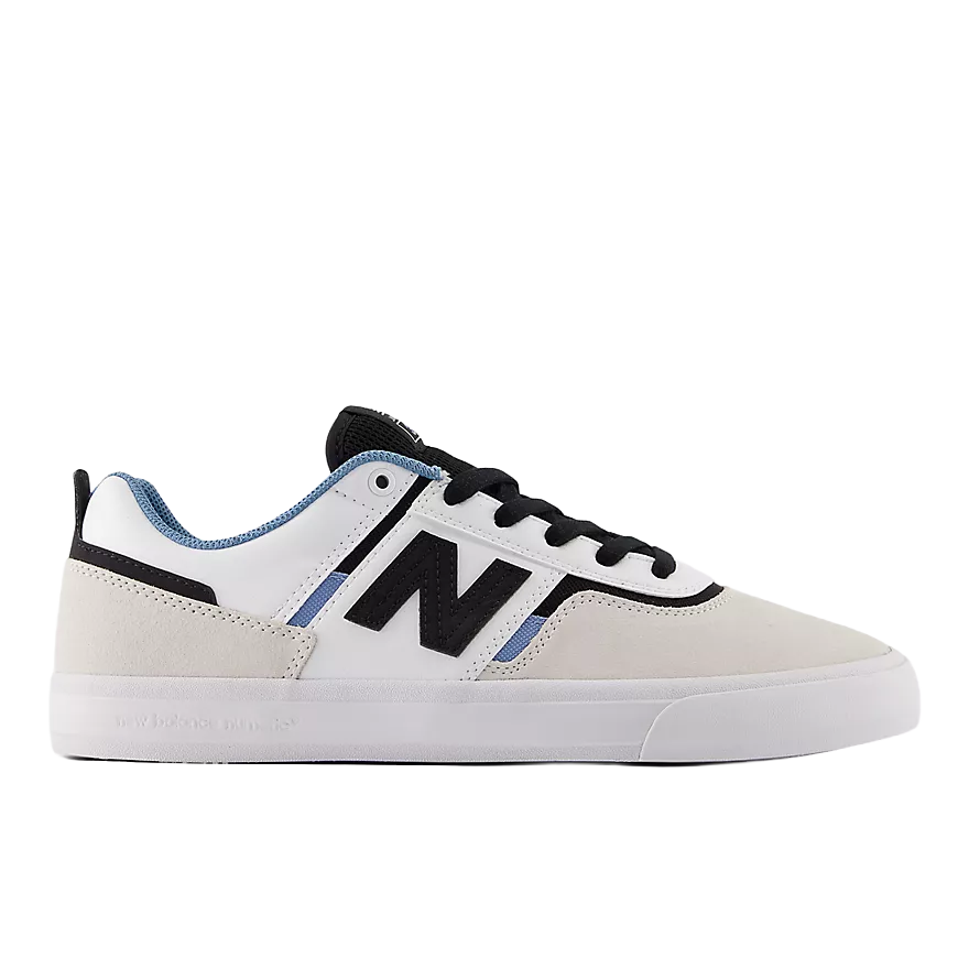 New Balance Numeric Jamie Foy 306 skate shoe in grey and white, outer side profile with suede and mesh upper, black N logo, blue accents and white vulcanized sole.