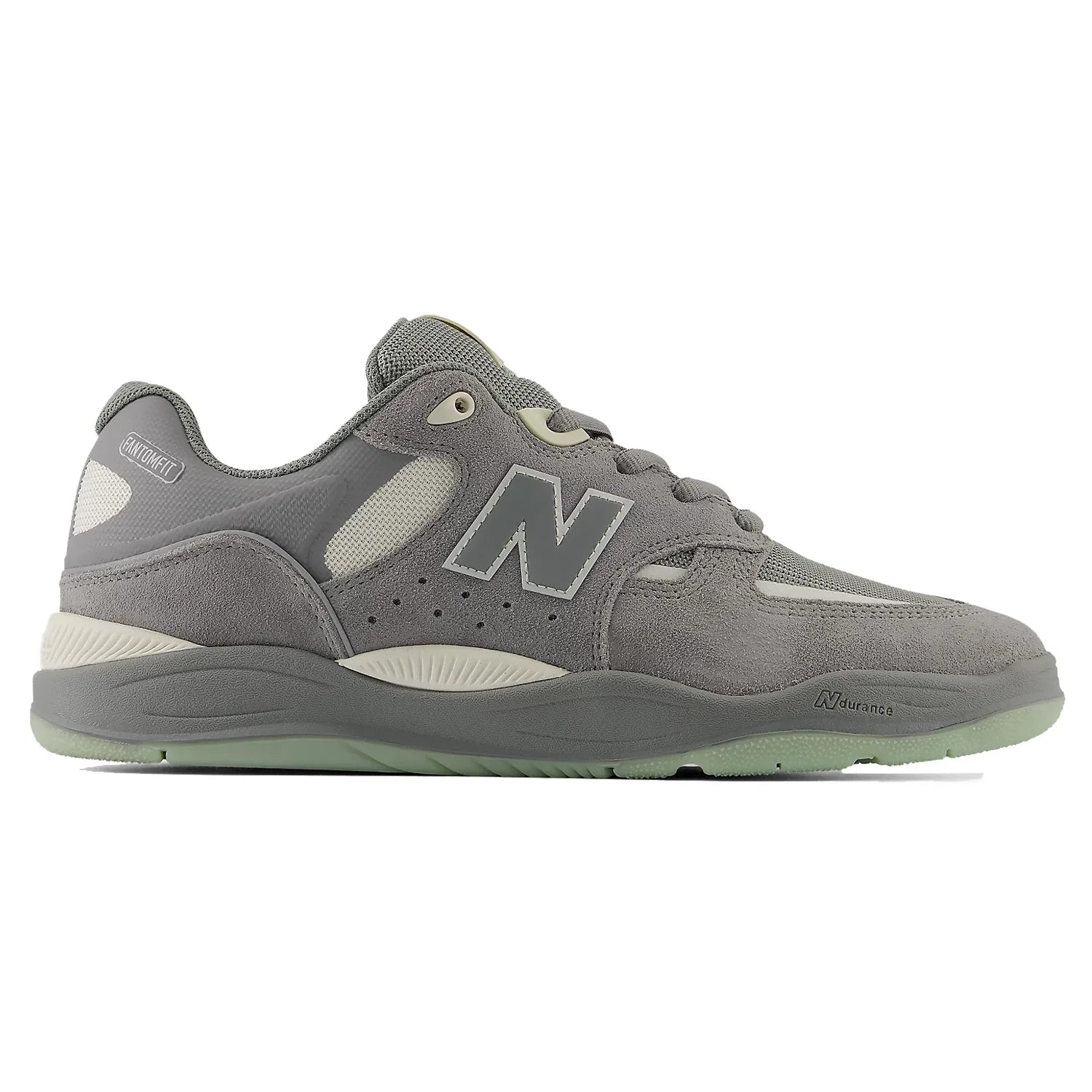 New Balance Numeric Tiago 1010 skate shoe in Slate Grey and Sea Salt, outer side profile with suede and mesh upper, N-Durance cupsole and FuelCell cushioning.