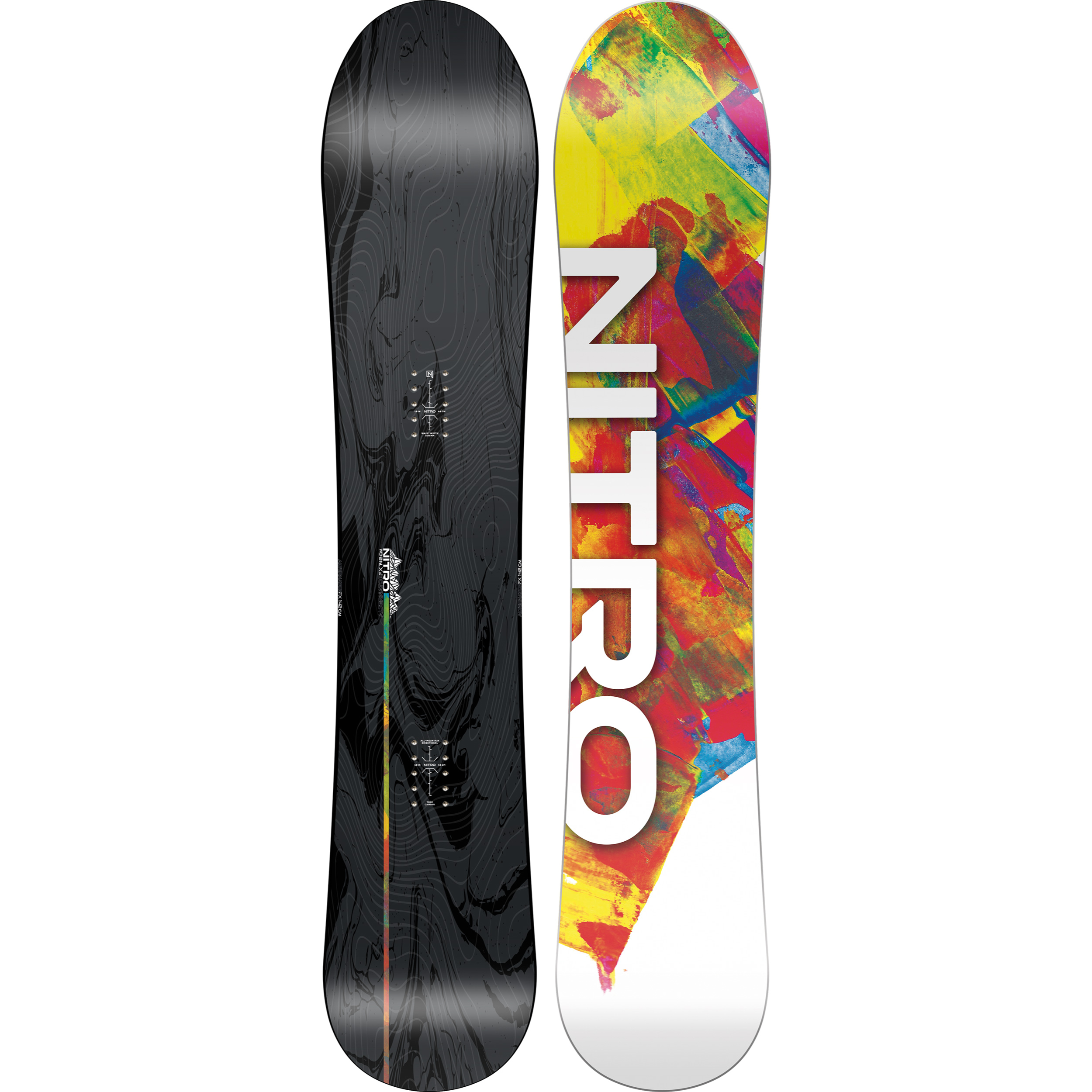 Nitro Alternator FX snowboard 2027 showing the top sheet design and base in a close-up view, ideal for winter snowboarding.