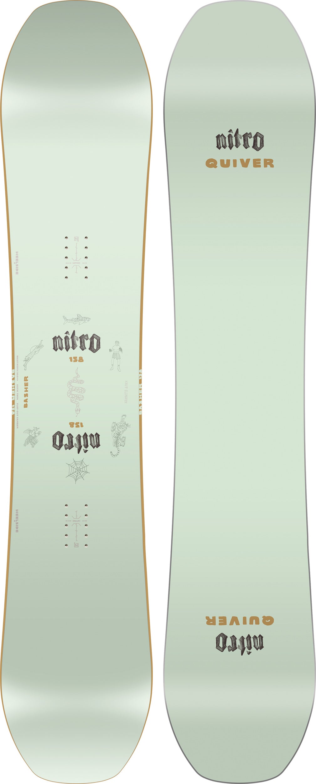 Nitro Basher Quiver Series Snowboard 2027 with colorful topsheet and base, designed for snowboarding adventures.
