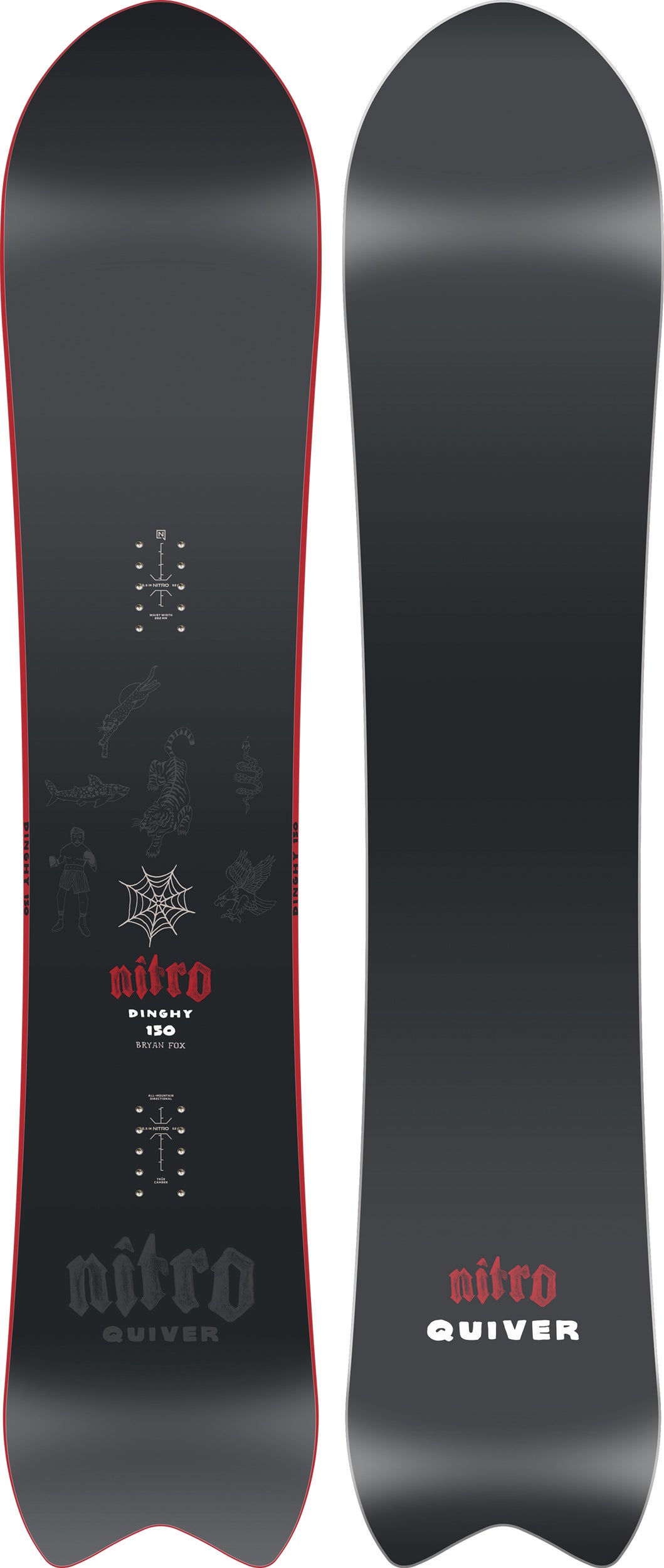 Nitro Dinghy Quiver Series snowboard 2027 with colorful topsheet and durable base, designed for snowboarding adventures.
