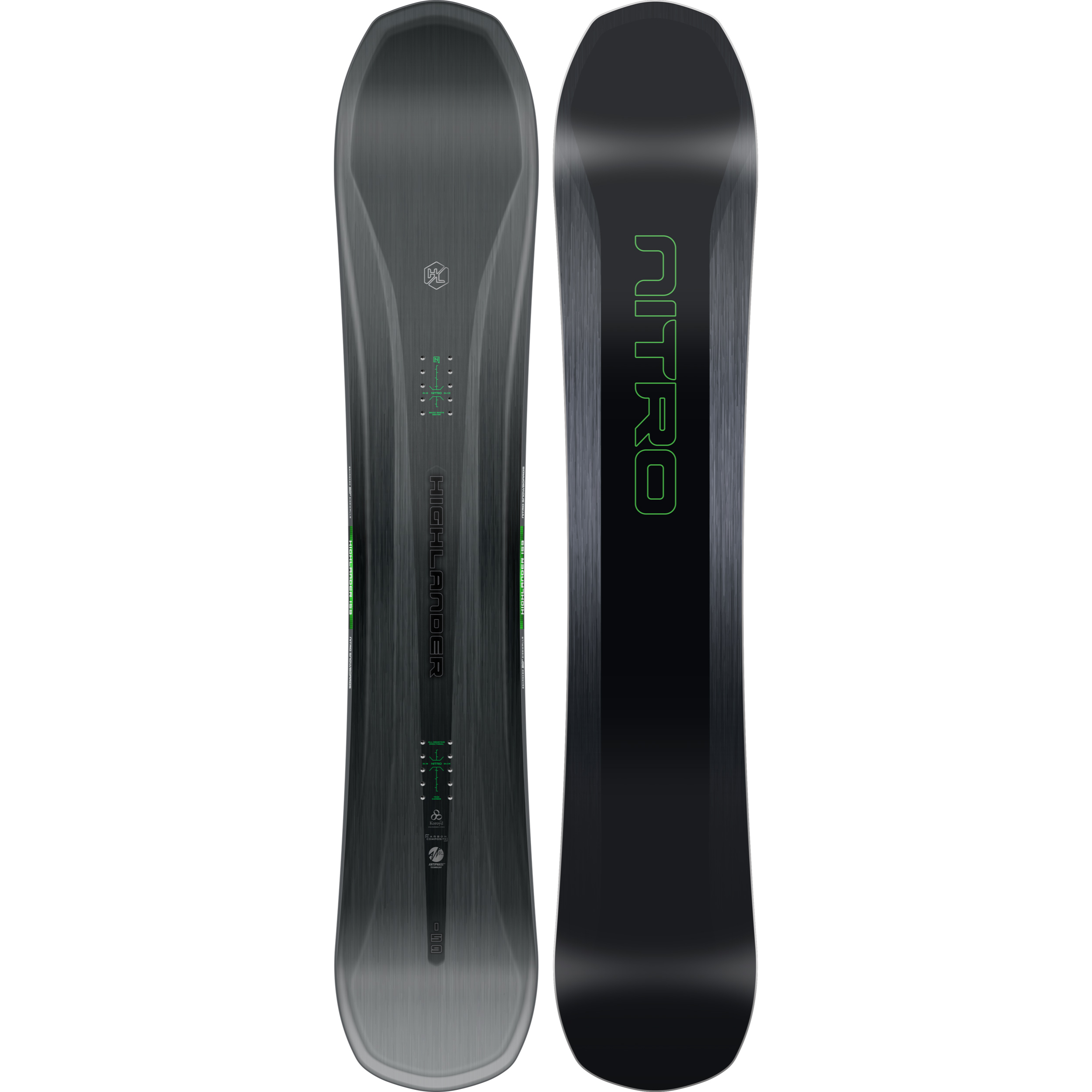 Nitro Highlander Snowboard 2027 with colorful topsheet and durable base, designed for all-mountain snowboarding.