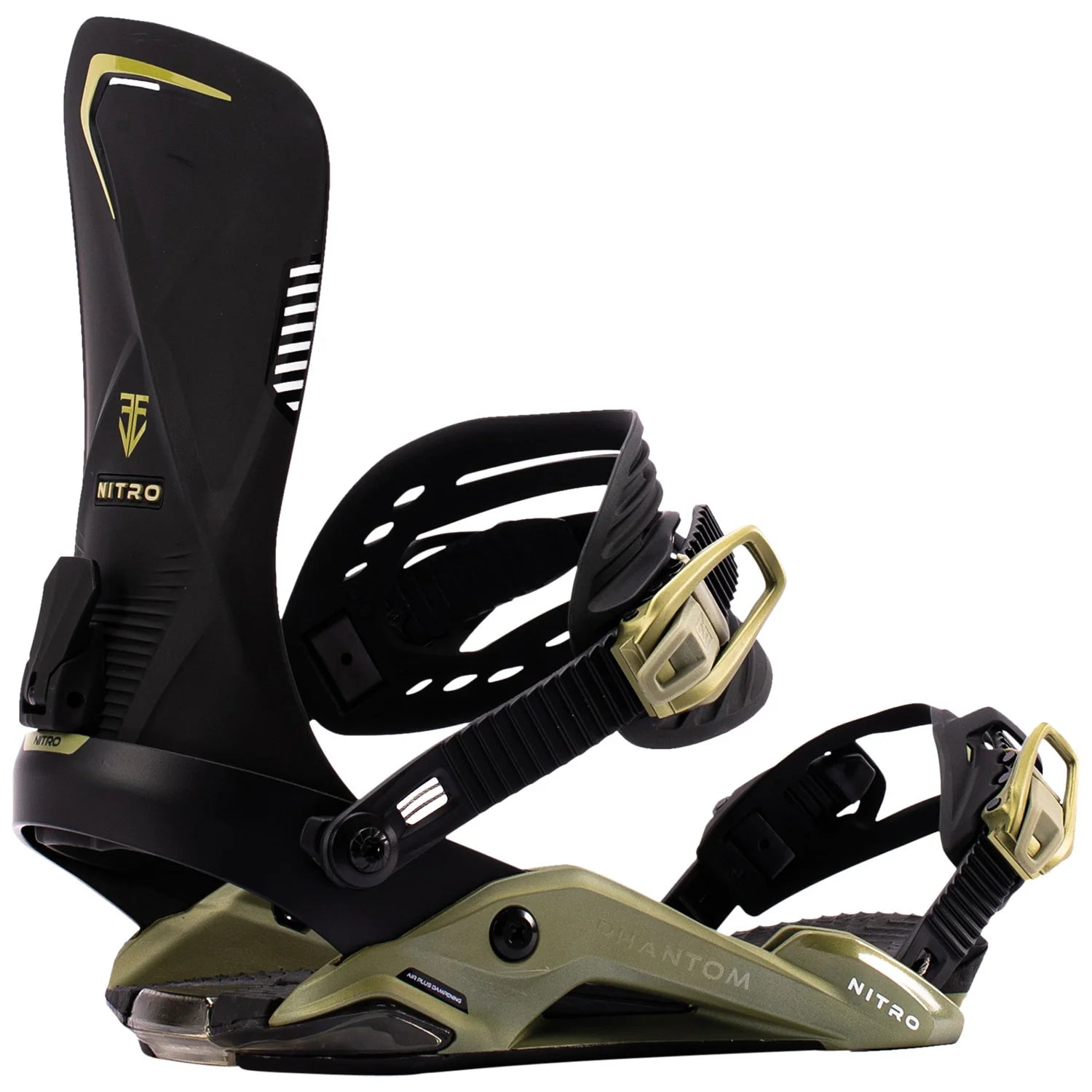 Side view of Nitro Phantom Snowboard Bindings 2027, designed for snowboarding with adjustable straps and durable construction.