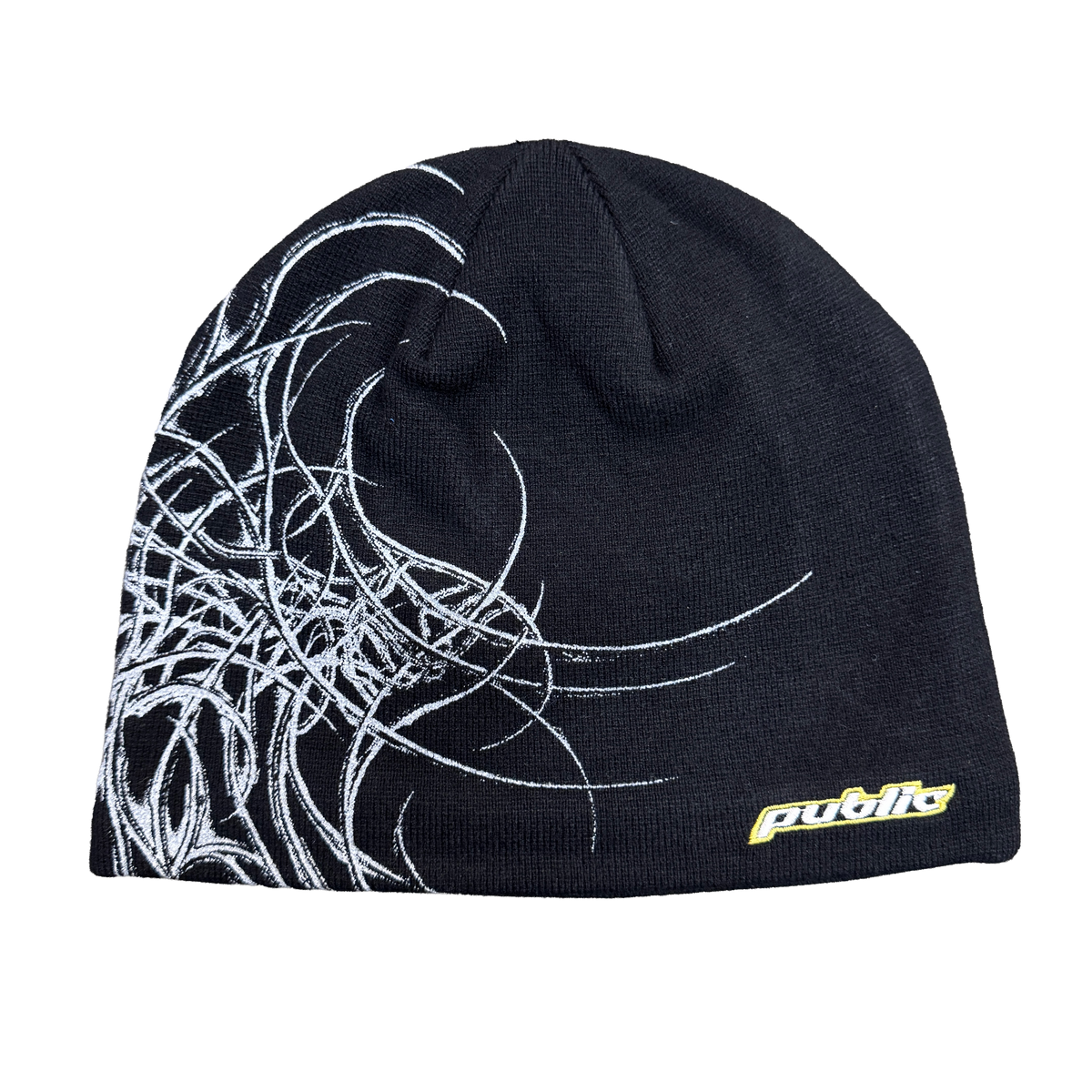 PUBLIC Snowboards General Skully in Black shown from the front with low-profile knit construction and folded cuff.