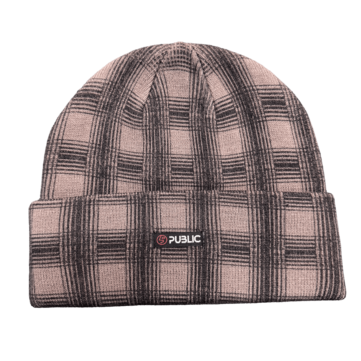 PUBLIC Snowboards Plaid Beanie in Mixed colorway shown from the front with multicolor plaid knit pattern, folded cuff and PUBLIC logo patch.
