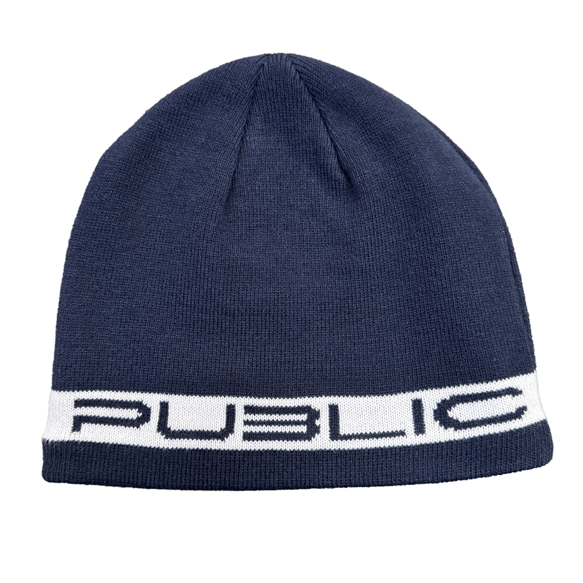 PUBLIC Snowboards Stretch Logo Skully in Navy and White with low-profile knit construction and white PUBLIC logo band across the cuff.