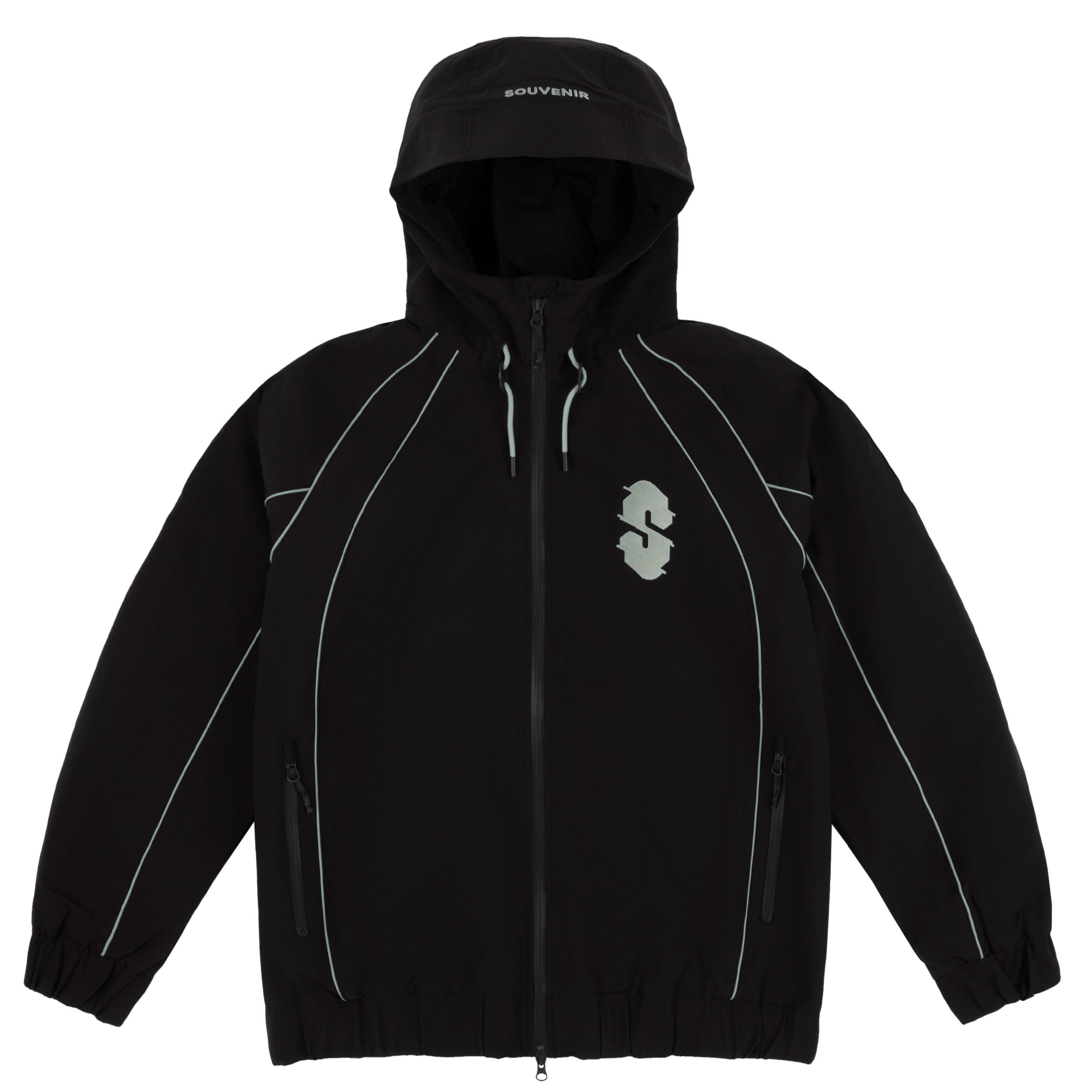Souvenir Insulated Track Jacket 2027 in Black shown from the front with hood, reflective piping, embroidered chest logo and zippered hand pockets.
