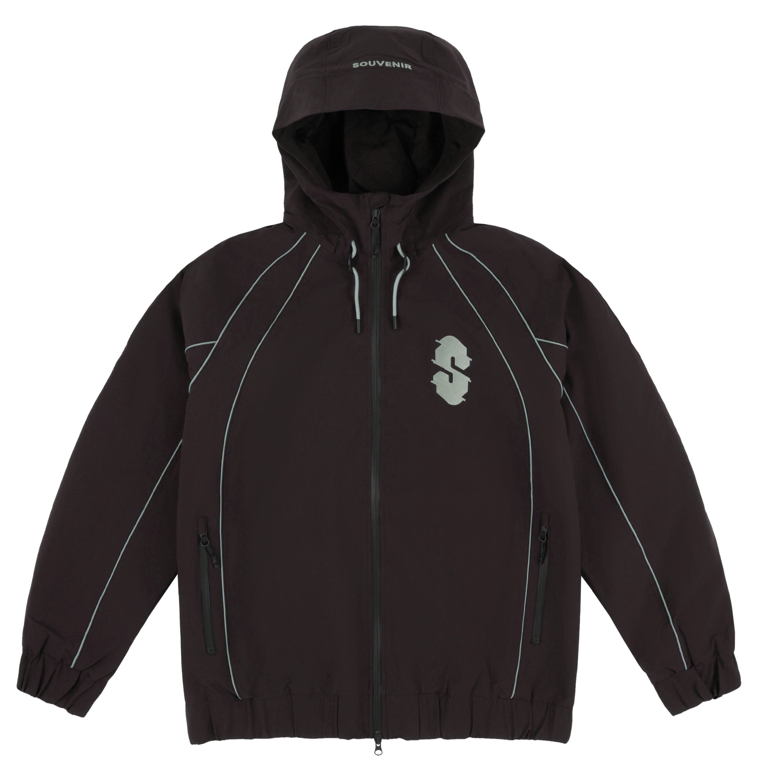 Souvenir Insulated Track Jacket 2027 in Cocoa shown from the front with hood, reflective piping, embroidered chest logo and zippered hand pockets.