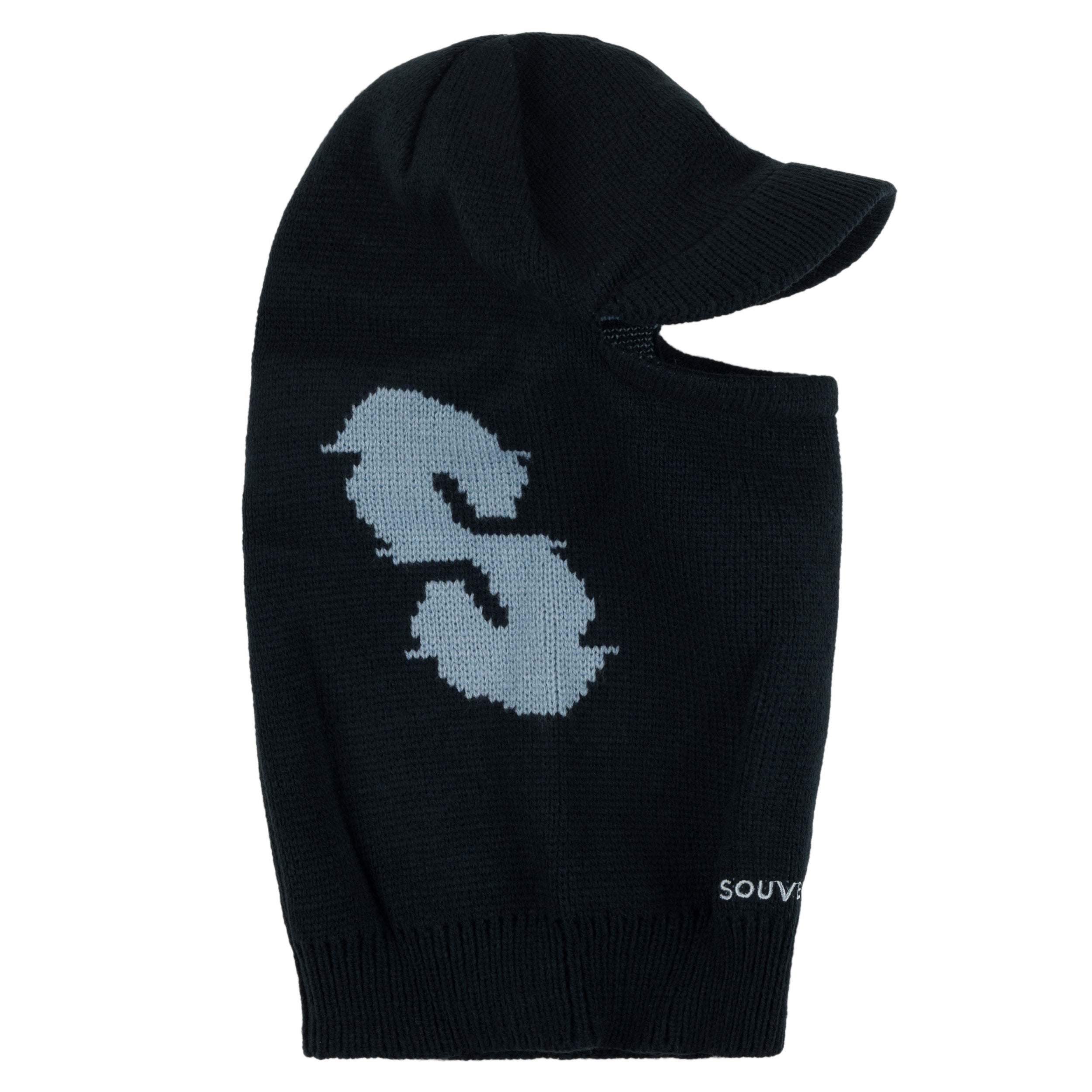 Souvenir Knit Visor Facemask 2027 in Black shown from the side with integrated knit visor, face opening, grey Jacquard S graphic and Souvenir embroidery.