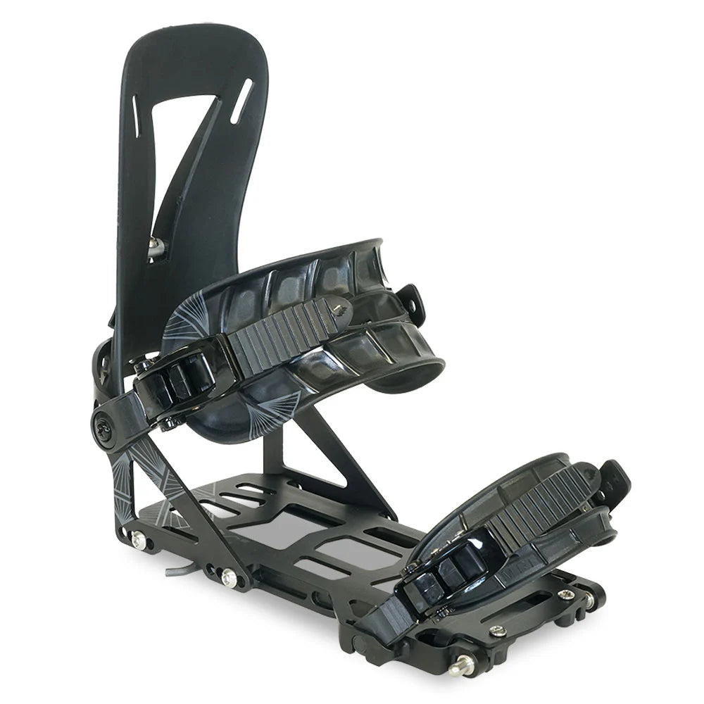 Spark R&D Arc ST splitboard binding in Black shown from a front three-quarter angle with Pillow Line ankle and toe straps and CNC-machined baseplate.