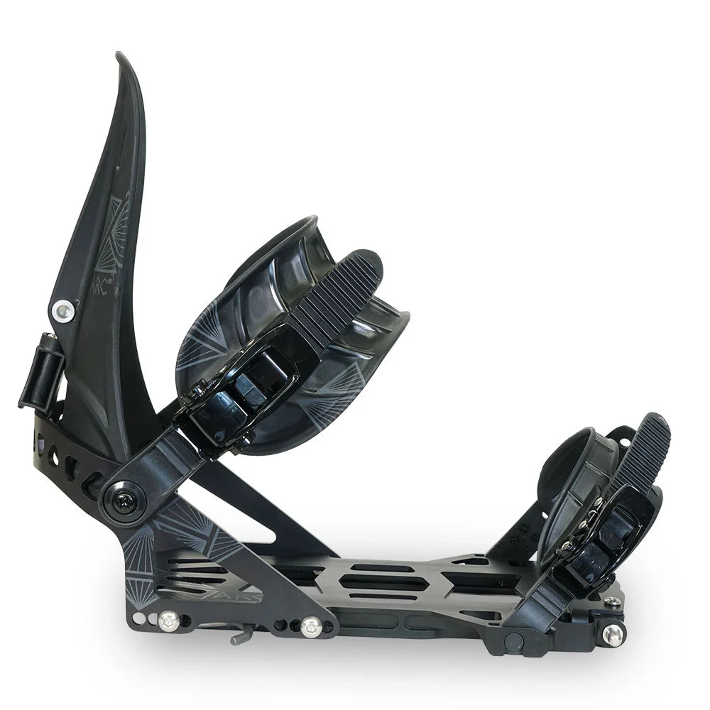 Side profile of the Spark R&D Arc ST splitboard binding in Black showing the Asym Rip 'N' Flip highback, cutout aluminum baseplate and strap layout.