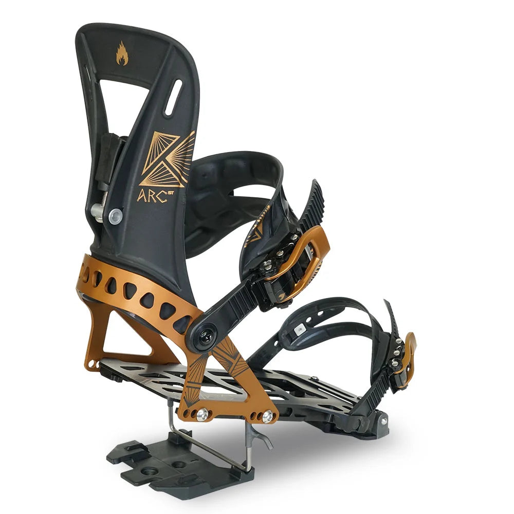 Spark R&D Arc ST splitboard binding in Copper shown from a rear three-quarter angle with black highback, copper aluminum baseplate and touring hardware.