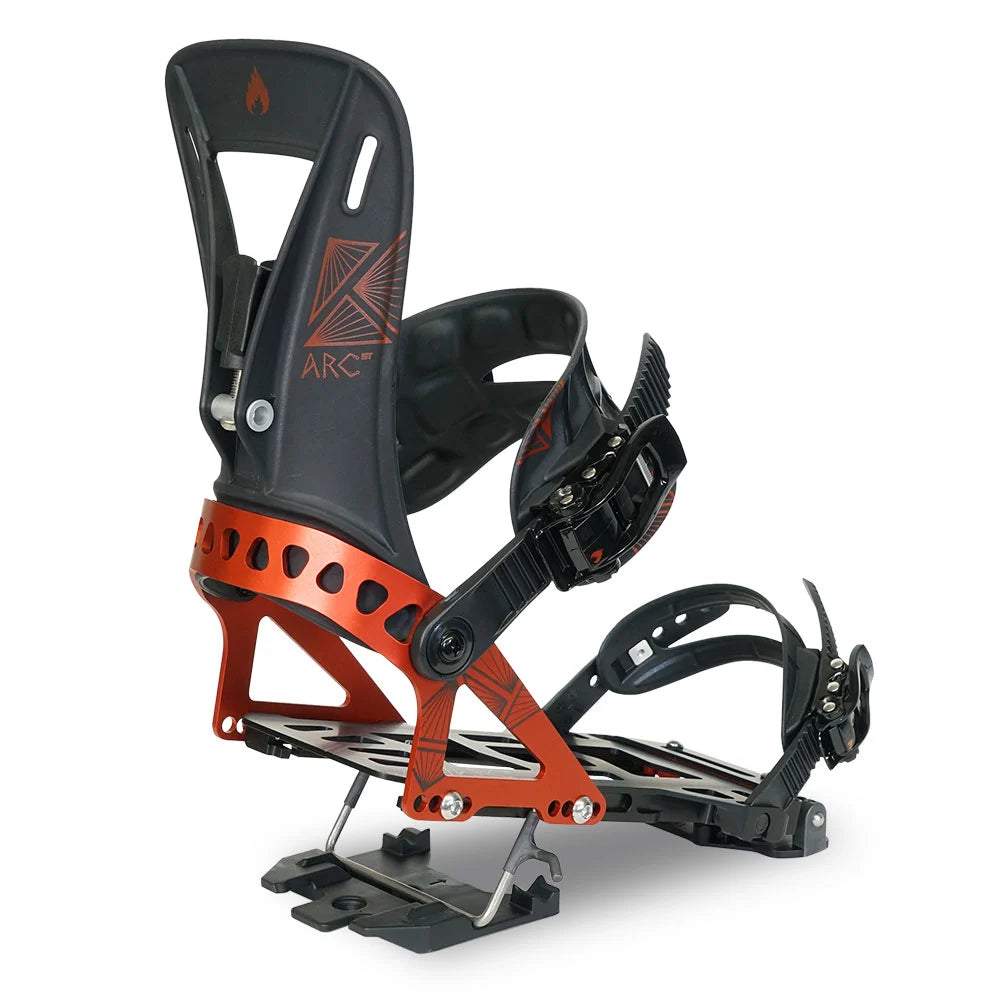 Spark R&D Arc ST splitboard binding in Red shown from a rear three-quarter angle with black highback, red aluminum baseplate and ST touring hardware.