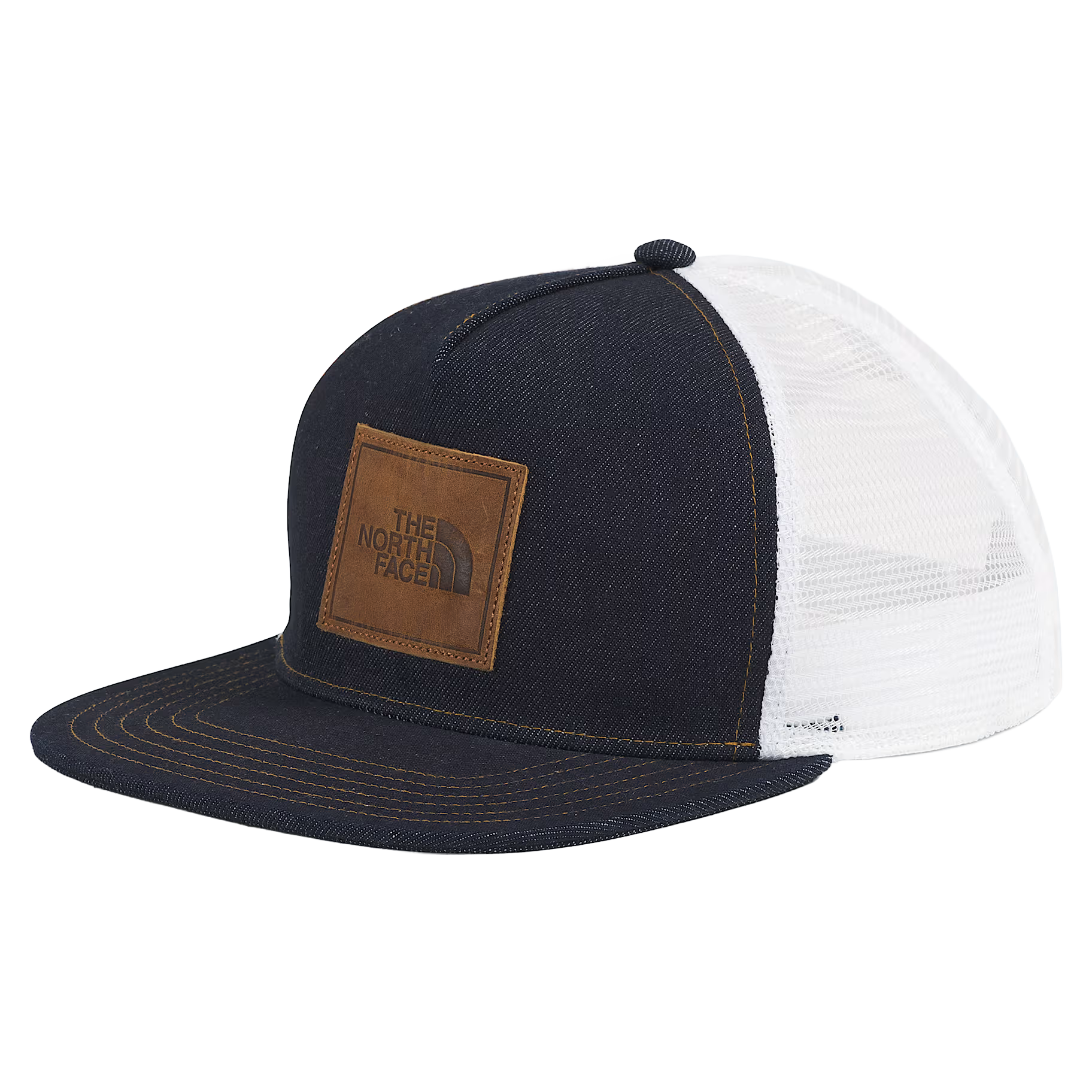 The North Face Half Dome Trucker Hat in denim with brown leather Half Dome patch, white mesh back and flat brim.