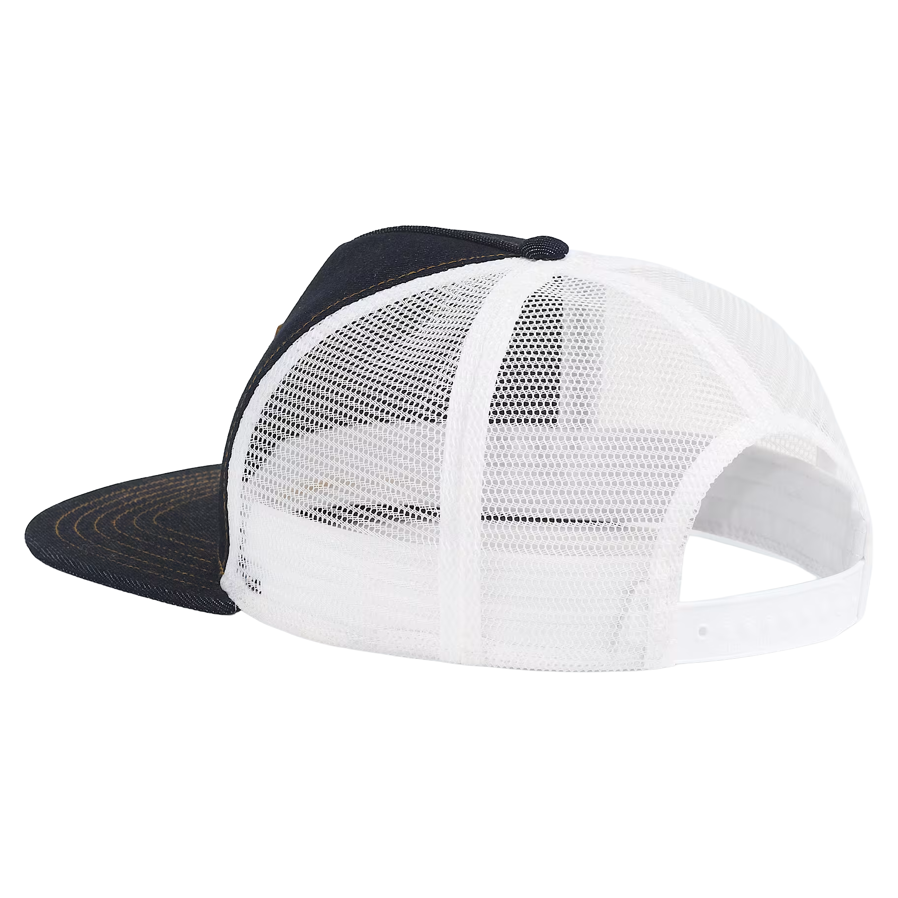 Rear view of The North Face Half Dome Trucker Hat in denim showing the white mesh back and adjustable snapback closure.