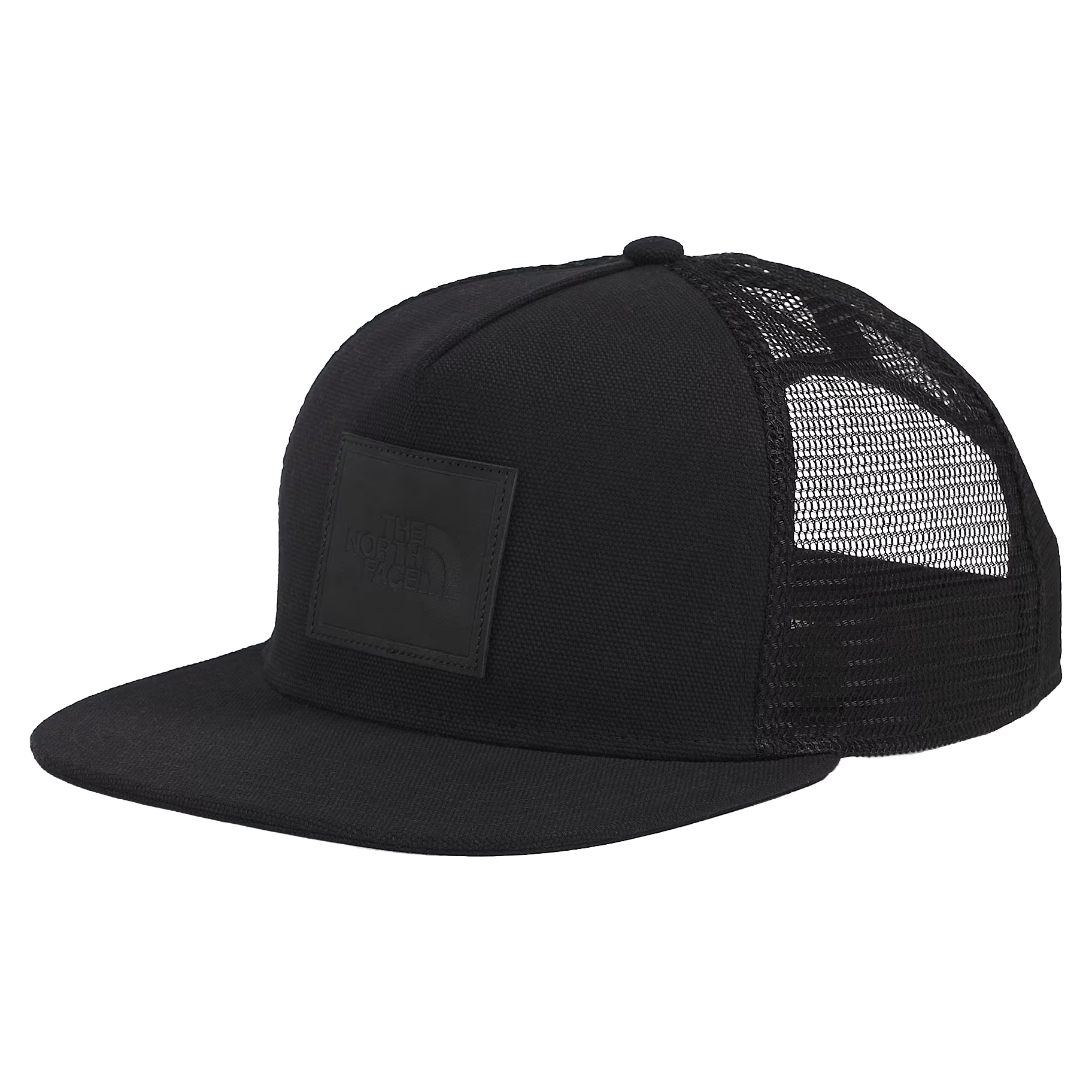 The North Face Half Dome Trucker Hat in TNF Black with tonal leather Half Dome patch, black mesh back and flat brim.