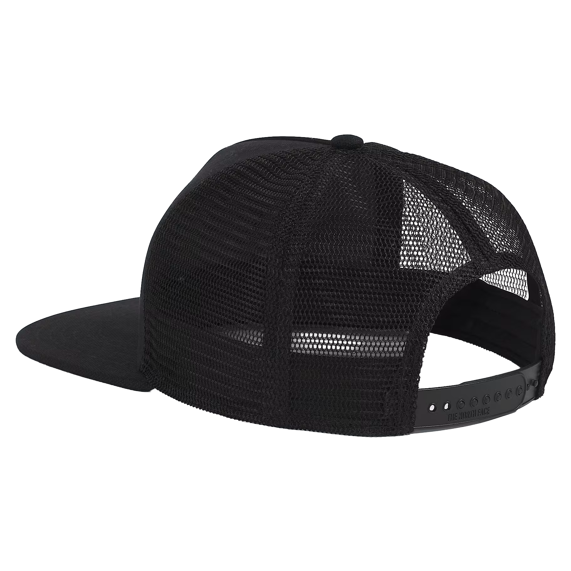 Rear view of The North Face Half Dome Trucker Hat in TNF Black showing the black mesh back and adjustable snapback closure.