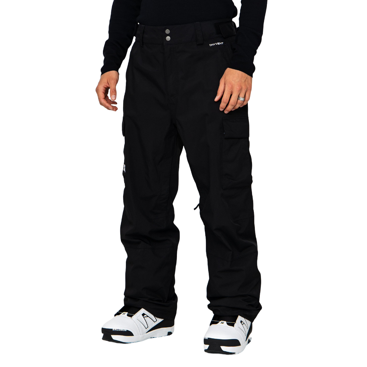 Front view of The North Face Men’s Blizzardery Cargo Pants in TNF Black showing dual thigh cargo pockets, zippered hand pockets and DRYVENT branding.