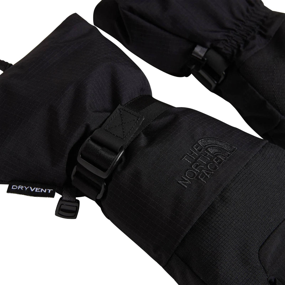 Close-up of the adjustable wrist strap, The North Face logo and DryVent branding on the Men’s Montana Glove in TNF Black.