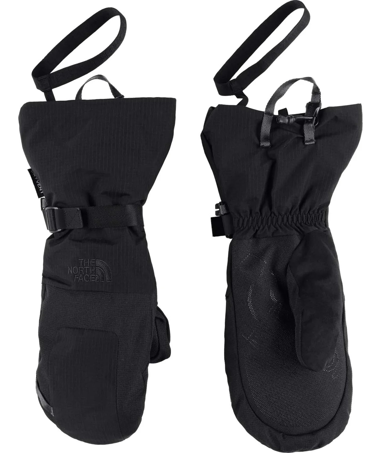 The North Face Men’s Montana Mitt in TNF Black shown from the back and palm sides with gauntlet cuffs, wrist leashes and adjustable wrist straps.