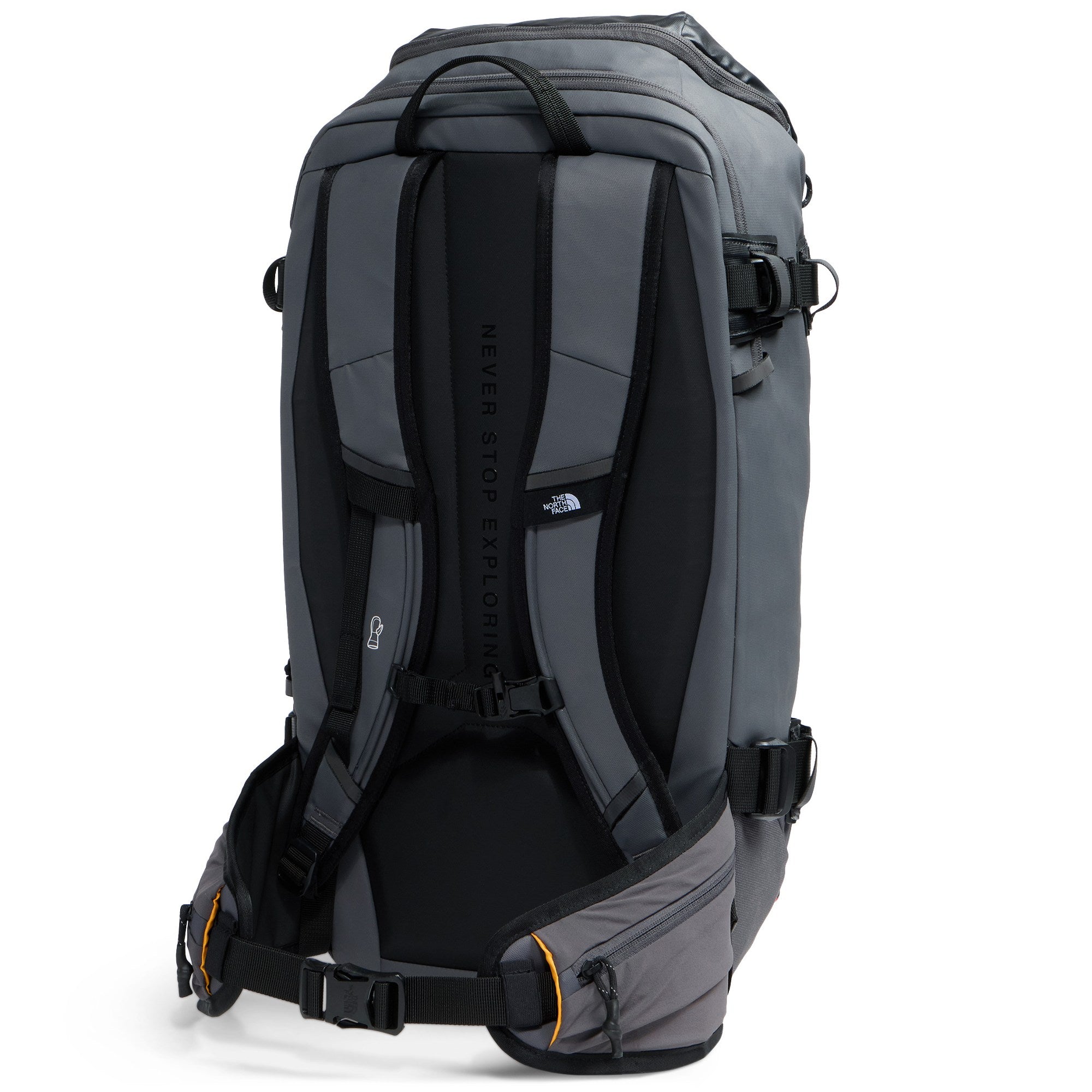 Rear view of The North Face Slackpack 30 snow backpack showing the padded back panel, shoulder straps, sternum strap and waist belt.