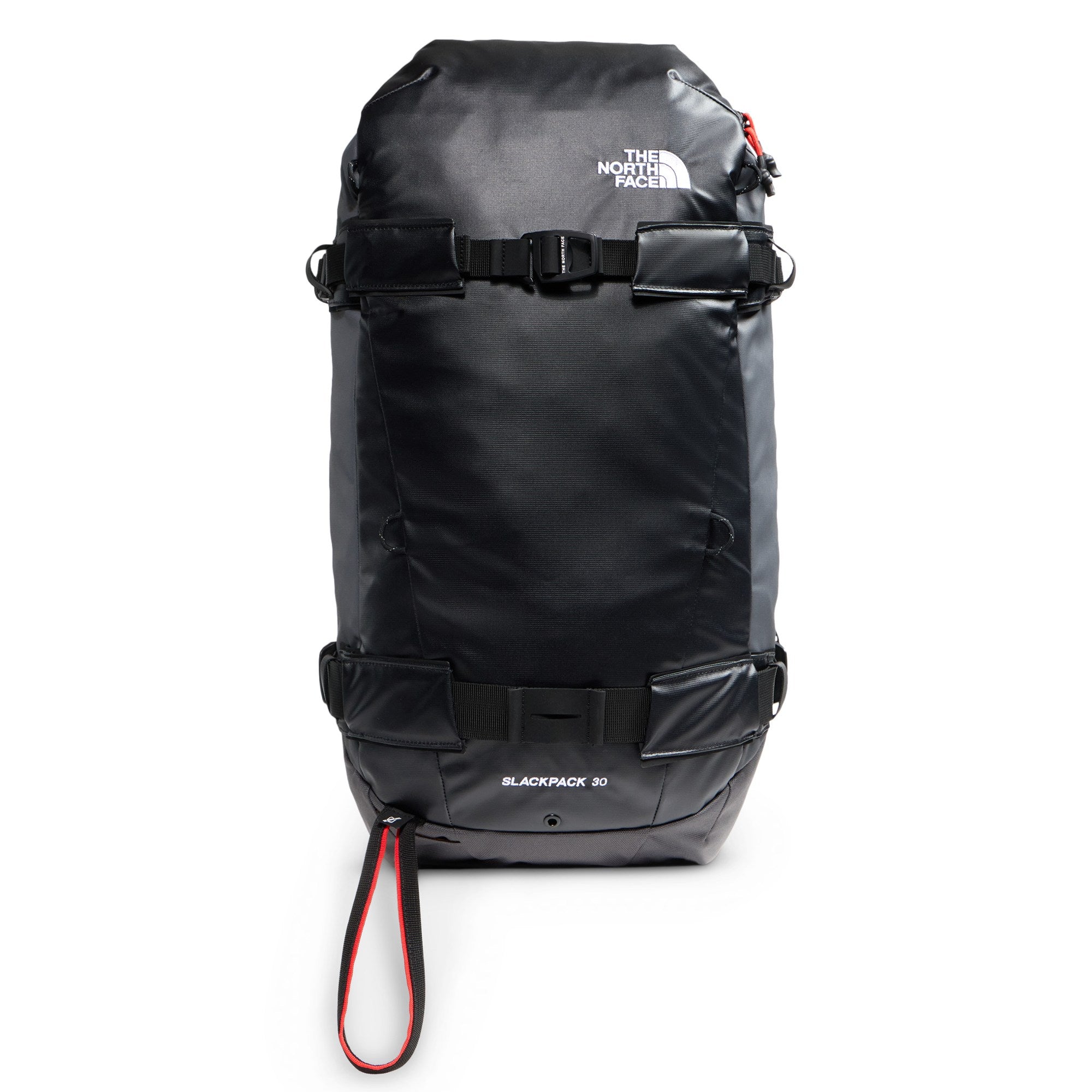 Front view of The North Face Slackpack 30 snow backpack showing the TNF logo, upper and lower snowboard carry straps, and Slackpack 30 branding.