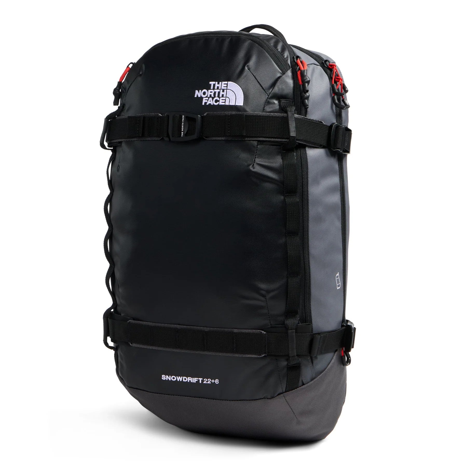The North Face Snowdrift 22 + 6 snow backpack in TNF Black and Anthracite Grey shown from a front three-quarter angle with snowboard carry straps and red zipper pulls.