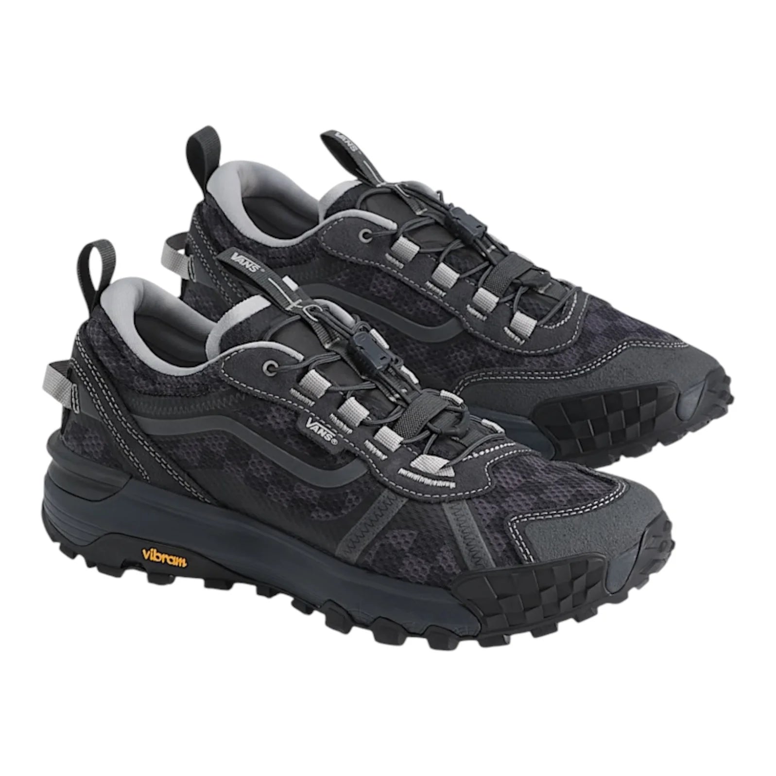 Pair of Vans Crosspath XC shoes in Checkerboard Charcoal Grey shown from a front three-quarter angle with rugged toe protection and Vibram soles.