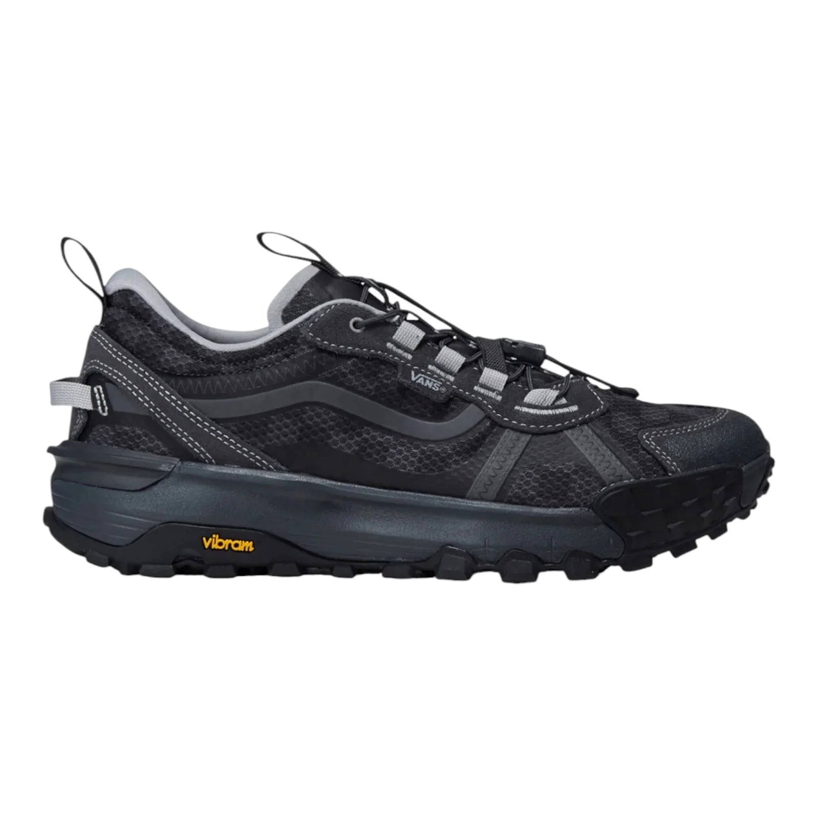 Vans Crosspath XC shoe in Checkerboard Charcoal Grey, outer side profile with mesh and suede upper, speedlace system and Vibram outsole.