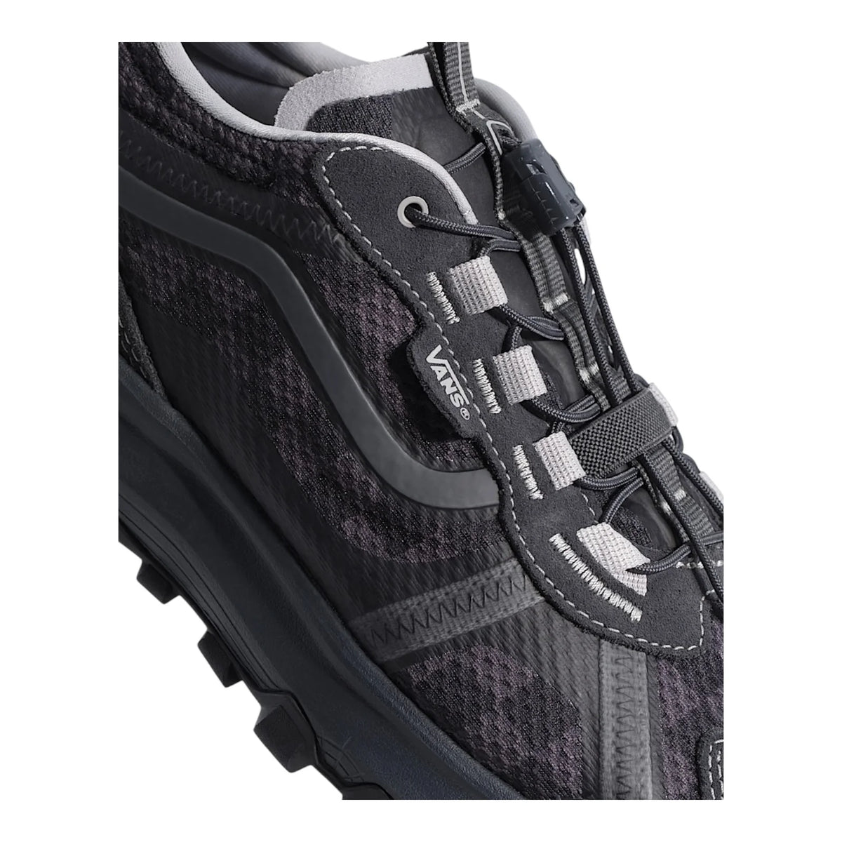 Close-up of the speedlace system, Vans side stripe, suede overlays and technical mesh upper on the Crosspath XC shoe.