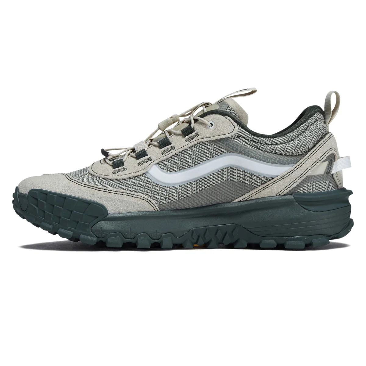 Inner side profile of the Vans Crosspath XC in Oatmeal showing the suede and mesh upper, speedlace system and rugged Vibram outsole.