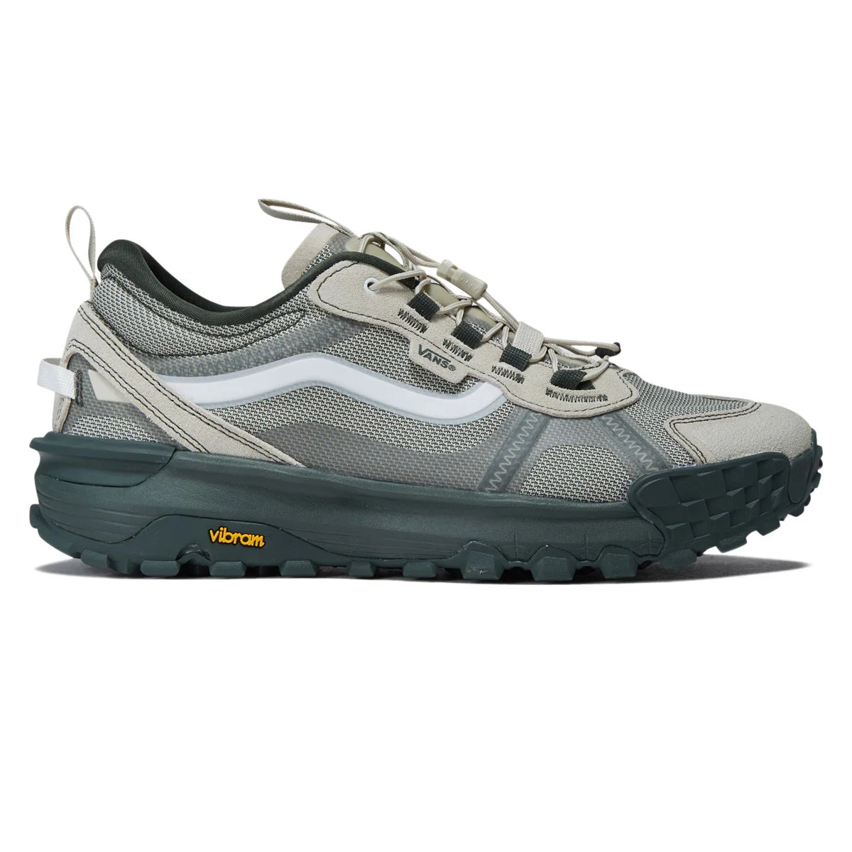 Vans Crosspath XC shoe in Oatmeal, outer side profile with suede and mesh upper, white side stripe and Vibram outsole.