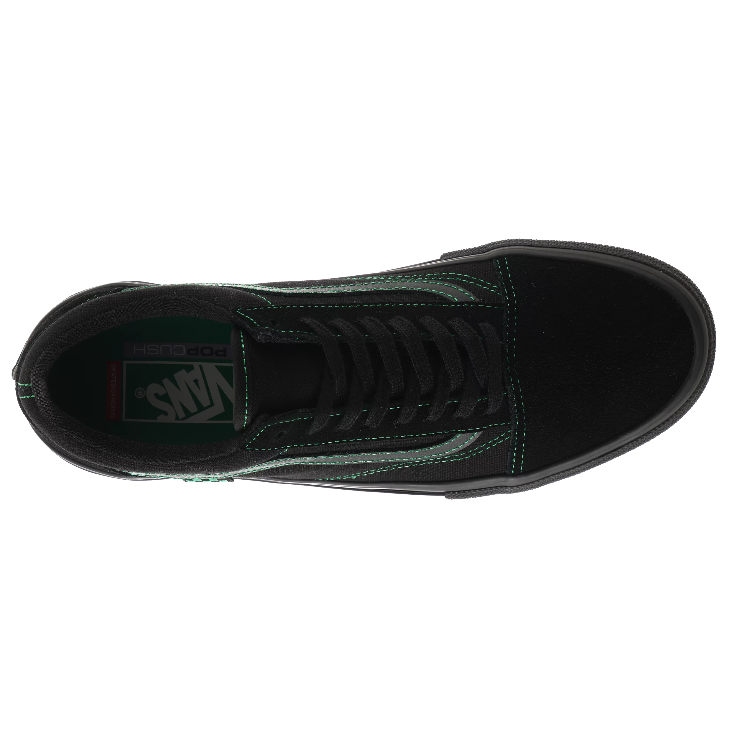 Top view of the Vans Skate Old Skool in black showing black laces, green stitching and PopCush insole.